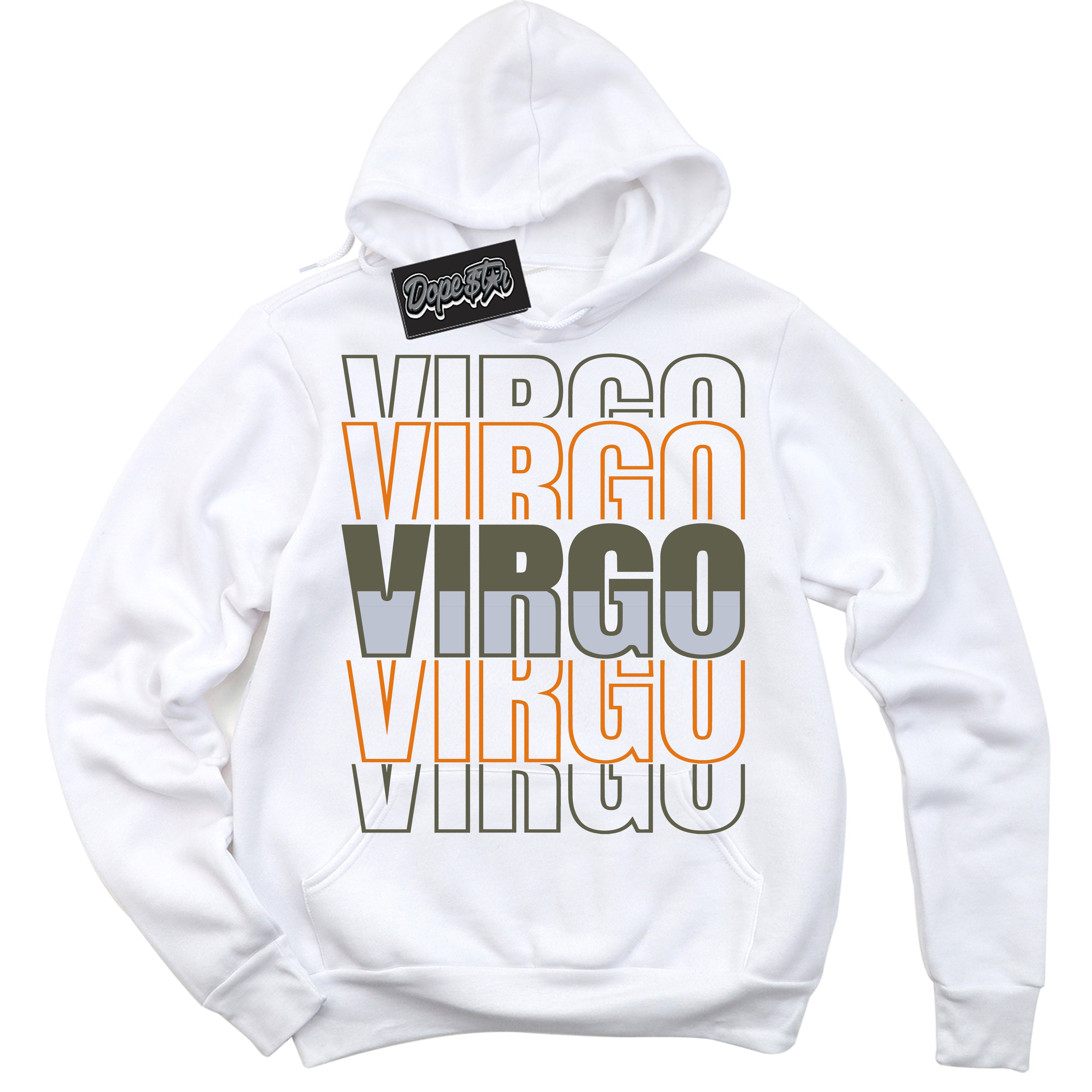 Cool White Hoodie with “ Virgo ”  design that Perfectly Matches Olive 5s Sneakers.