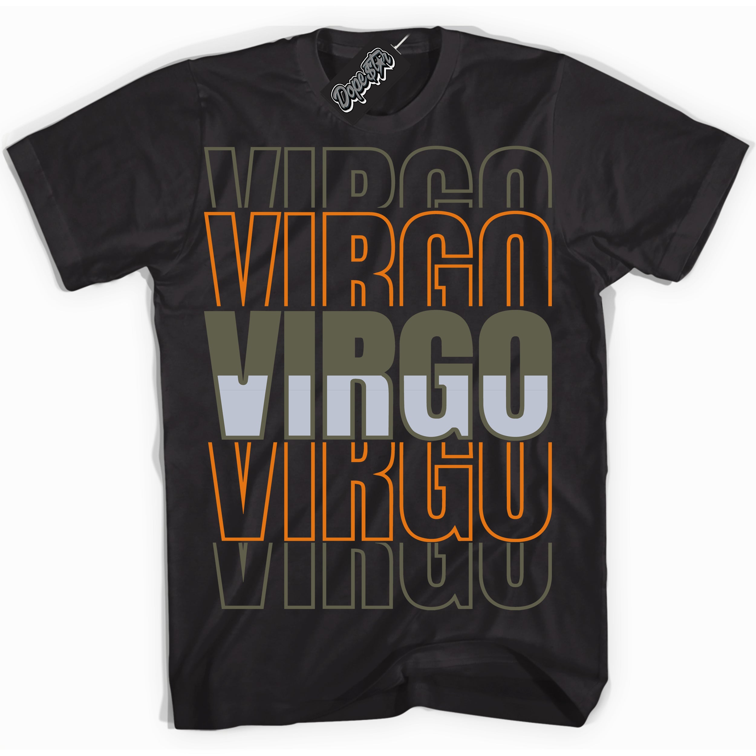 Cool Black Shirt with “ Virgo” design that perfectly matches Olive 5s Sneakers.