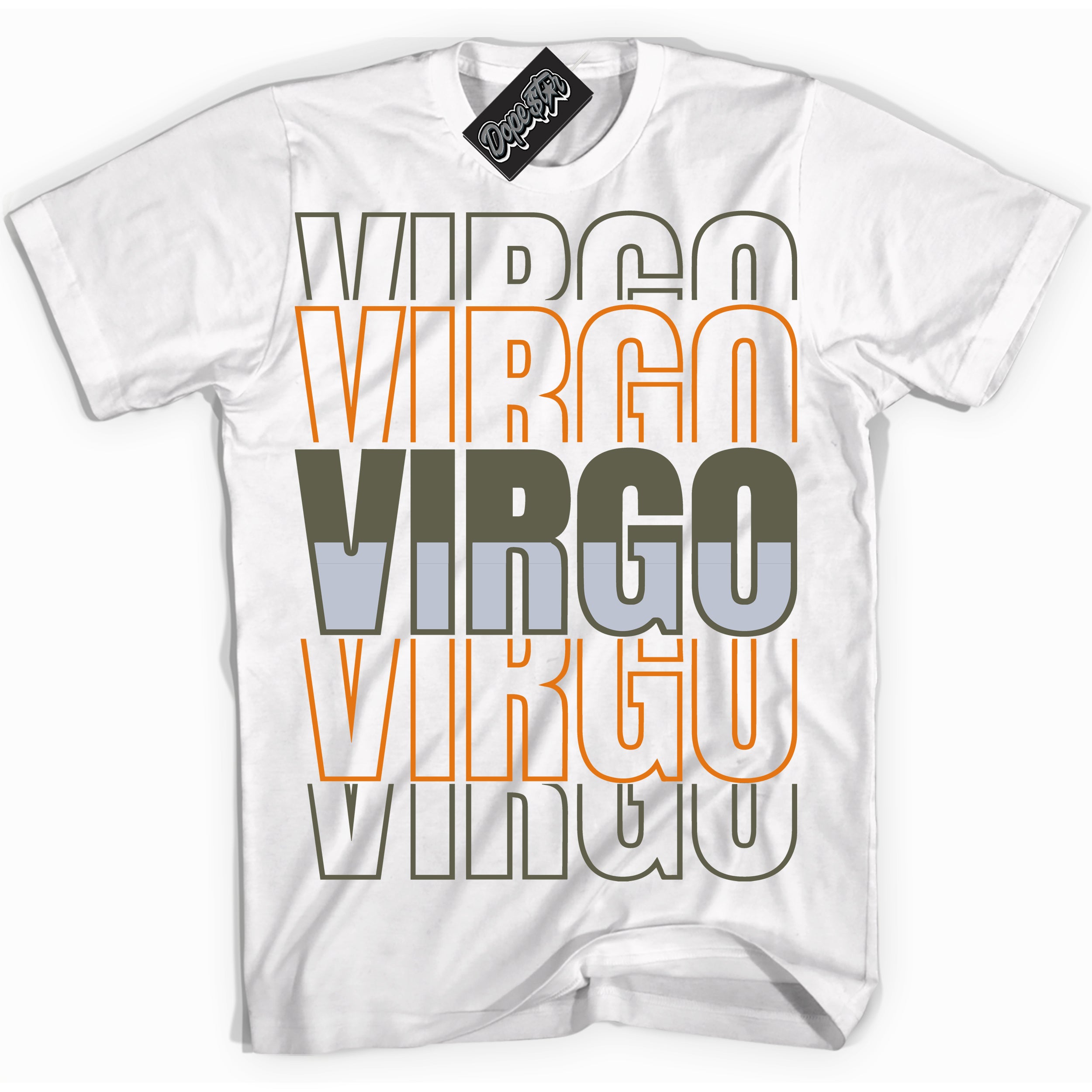 Cool White Shirt with “ Virgo” design that perfectly matches Olive 5s Sneakers.