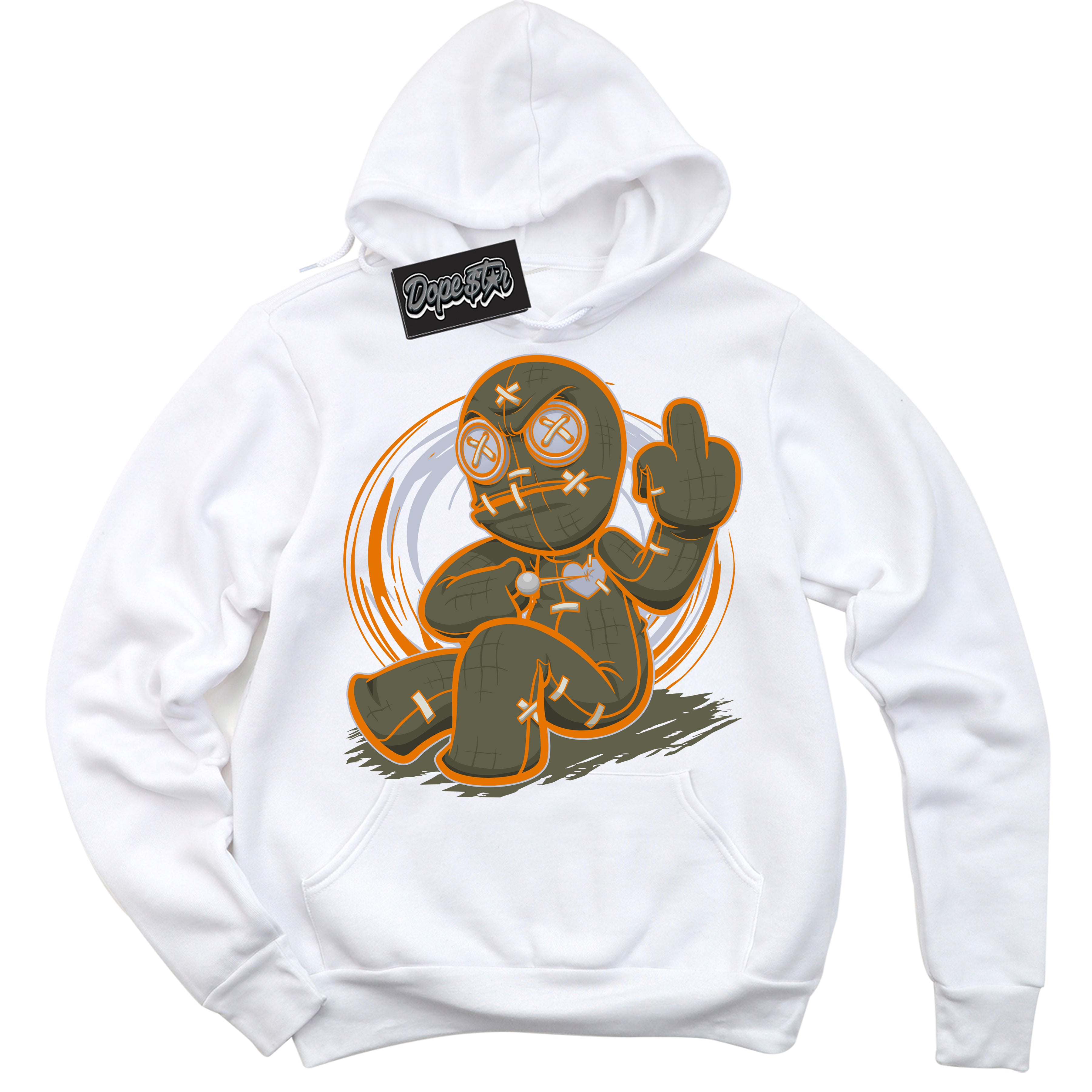 Cool White Hoodie with “ Voodoo Doll ”  design that Perfectly Matches Olive 5s Sneakers.