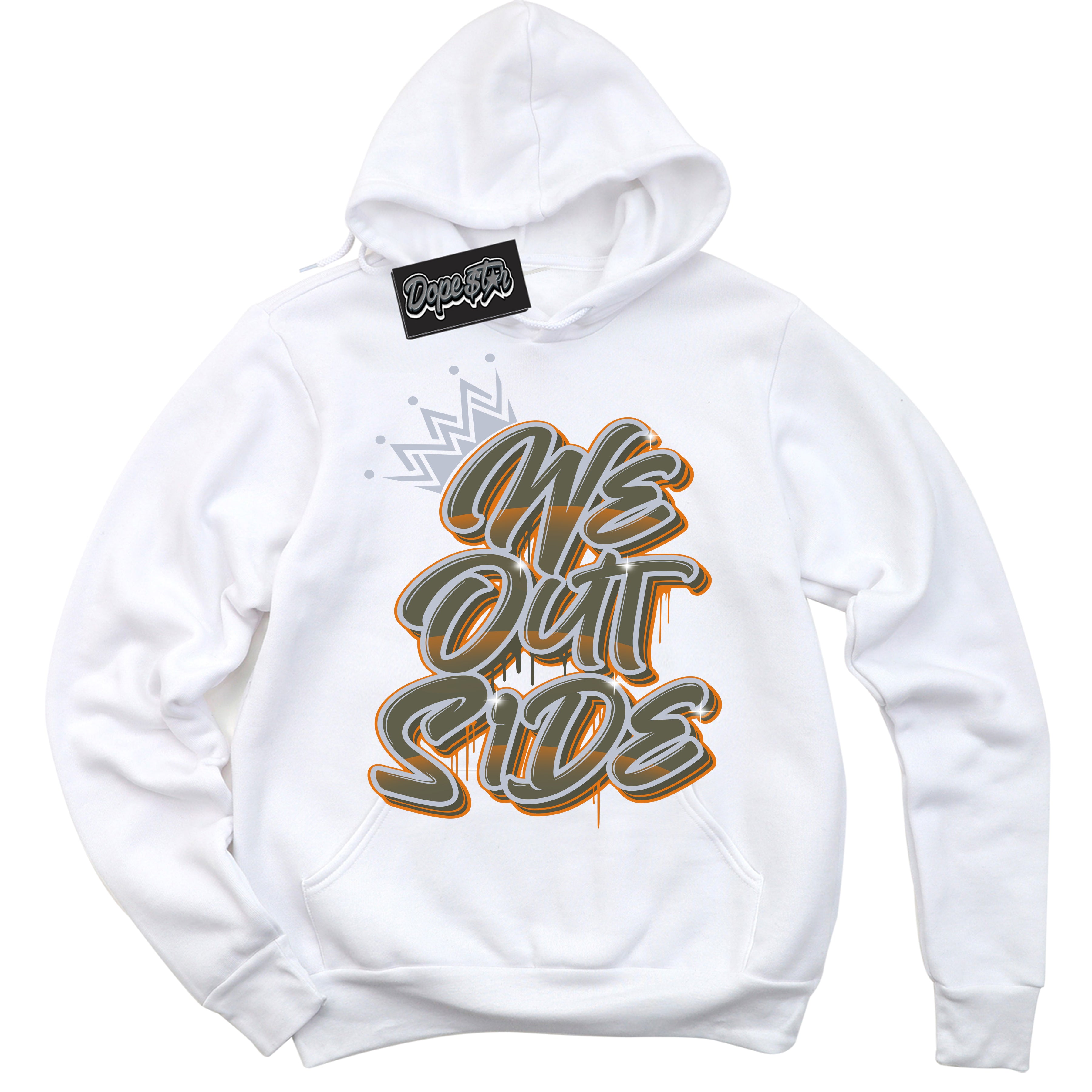 Cool White Hoodie with “ We Outside ”  design that Perfectly Matches Olive 5s Sneakers.