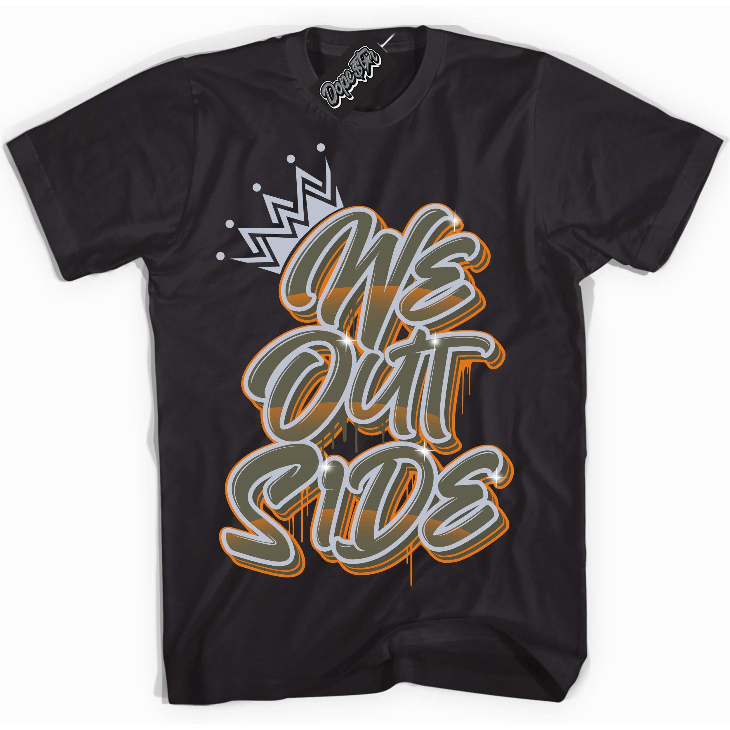 Cool Black Shirt with “ We Outside” design that perfectly matches Olive 5s Sneakers.