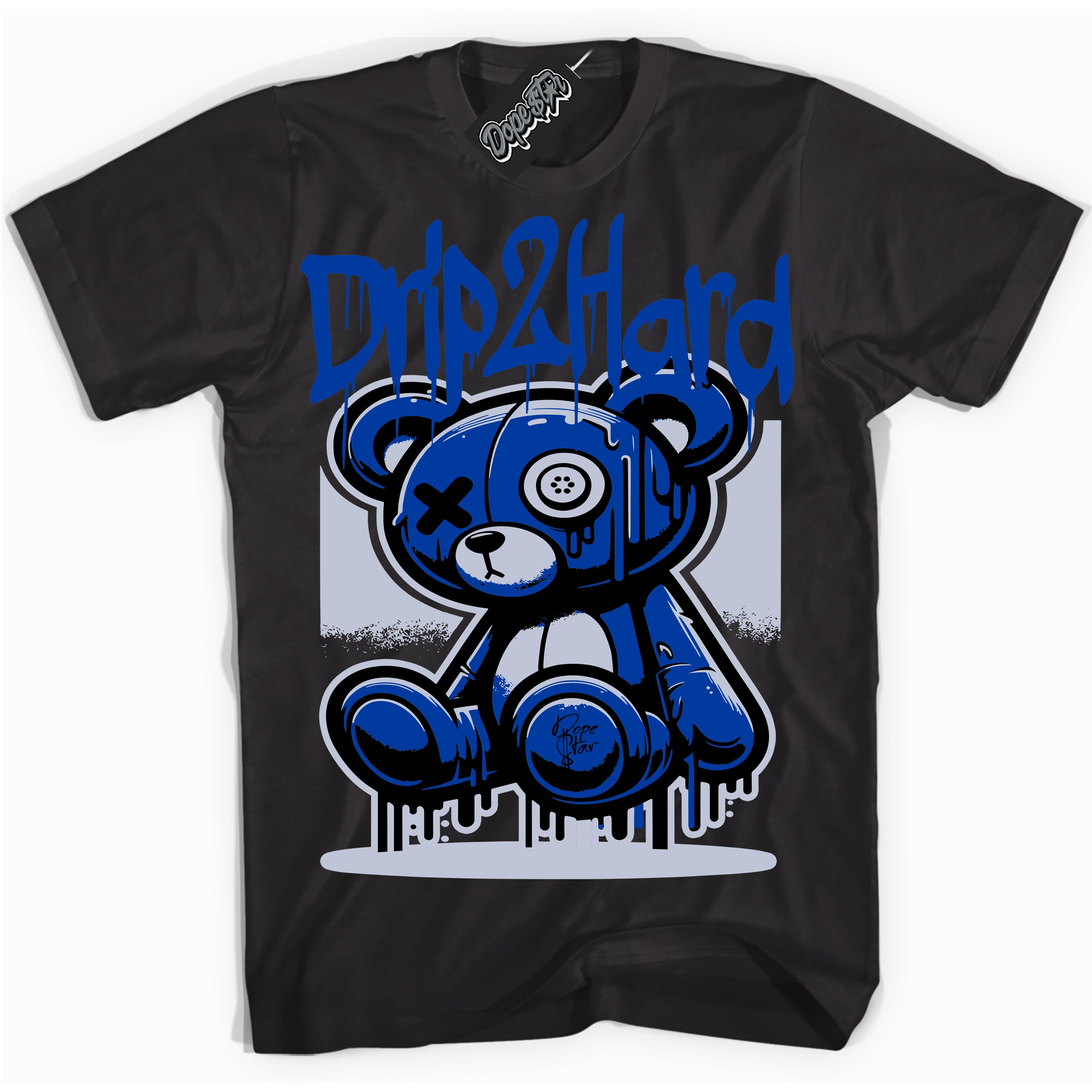 Cool Black graphic tee with “ Drip 2 Hard ” design, that perfectly matches Race Blue 5s