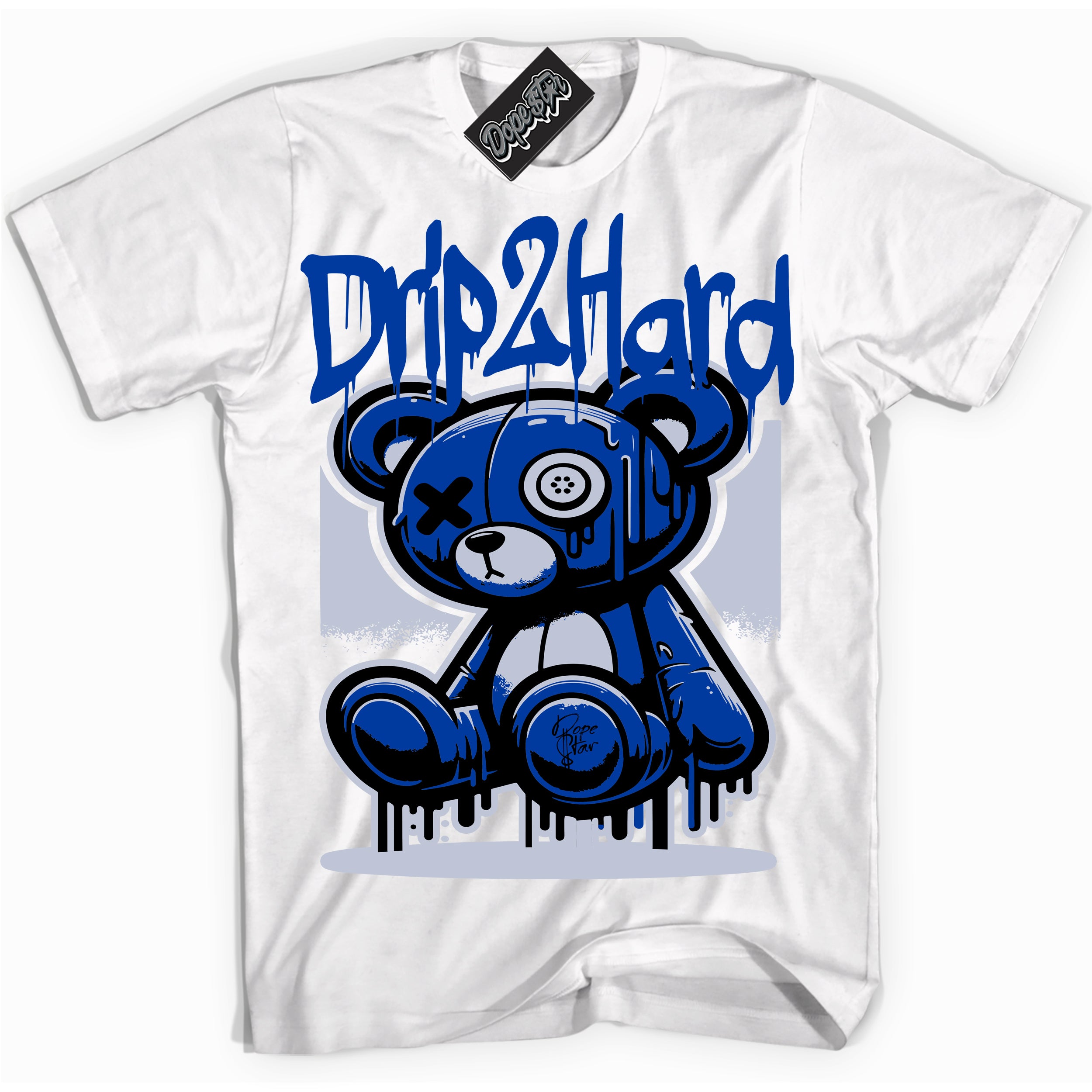 Cool White graphic tee with “ Drip 2 Hard ” design, that perfectly matches Race Blue 5s