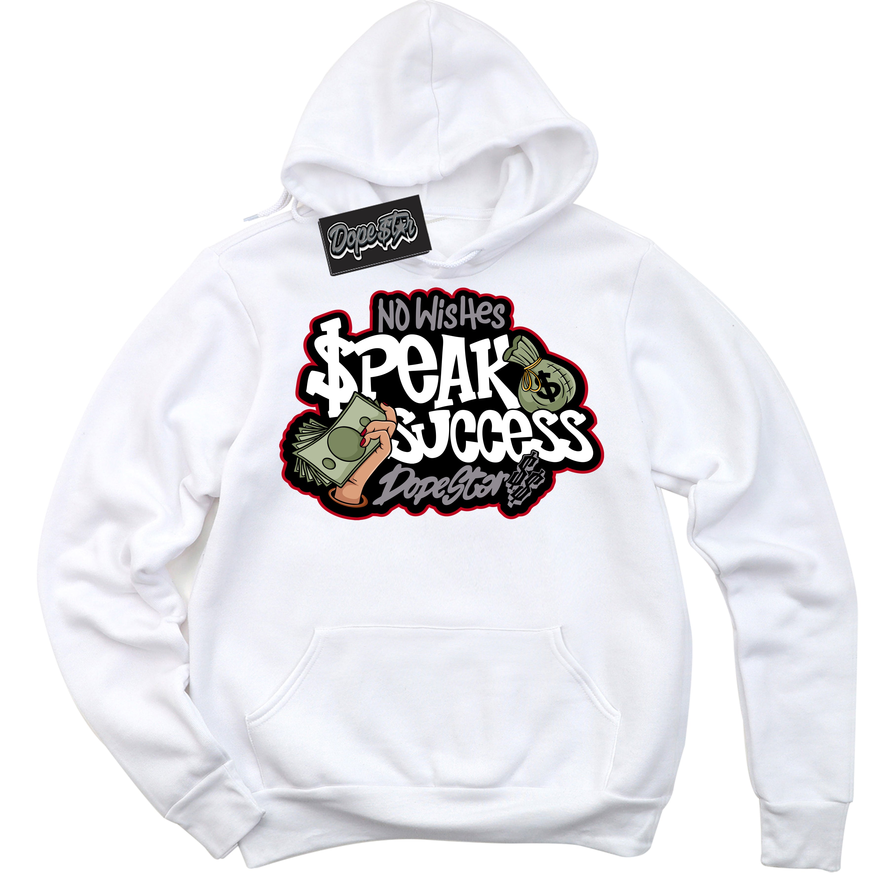 AJ5 Retro OG White Metallic Reimagined ‘No Wish Speak Success’ – Black Streetwear Hoodie | Men's and Women's graphic sweatshirt by Sneaker Shirts Outlet.
