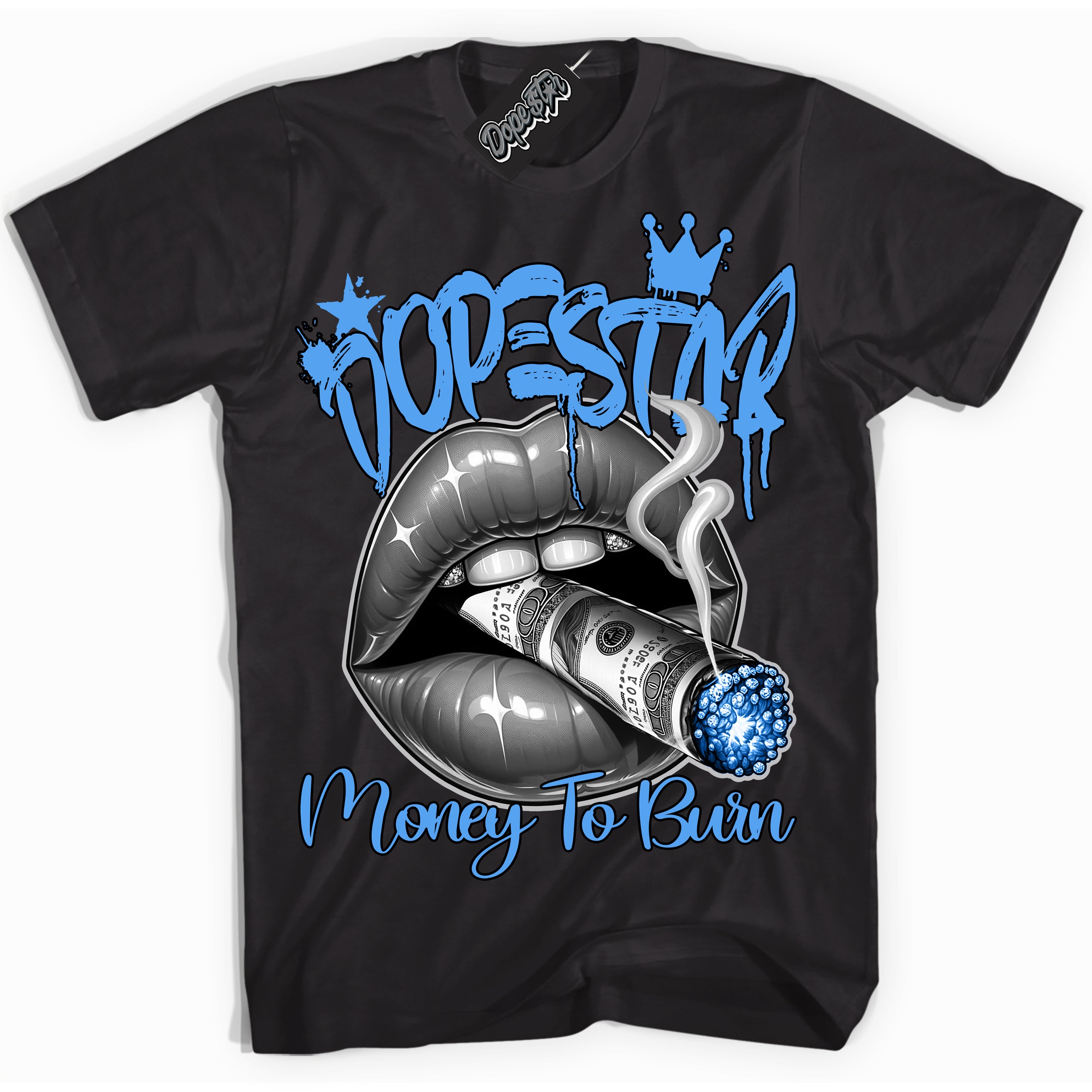 Cool Black Shirt with “ Money To Burn” design that perfectly matches UNC University Blue 5S Sneakers.