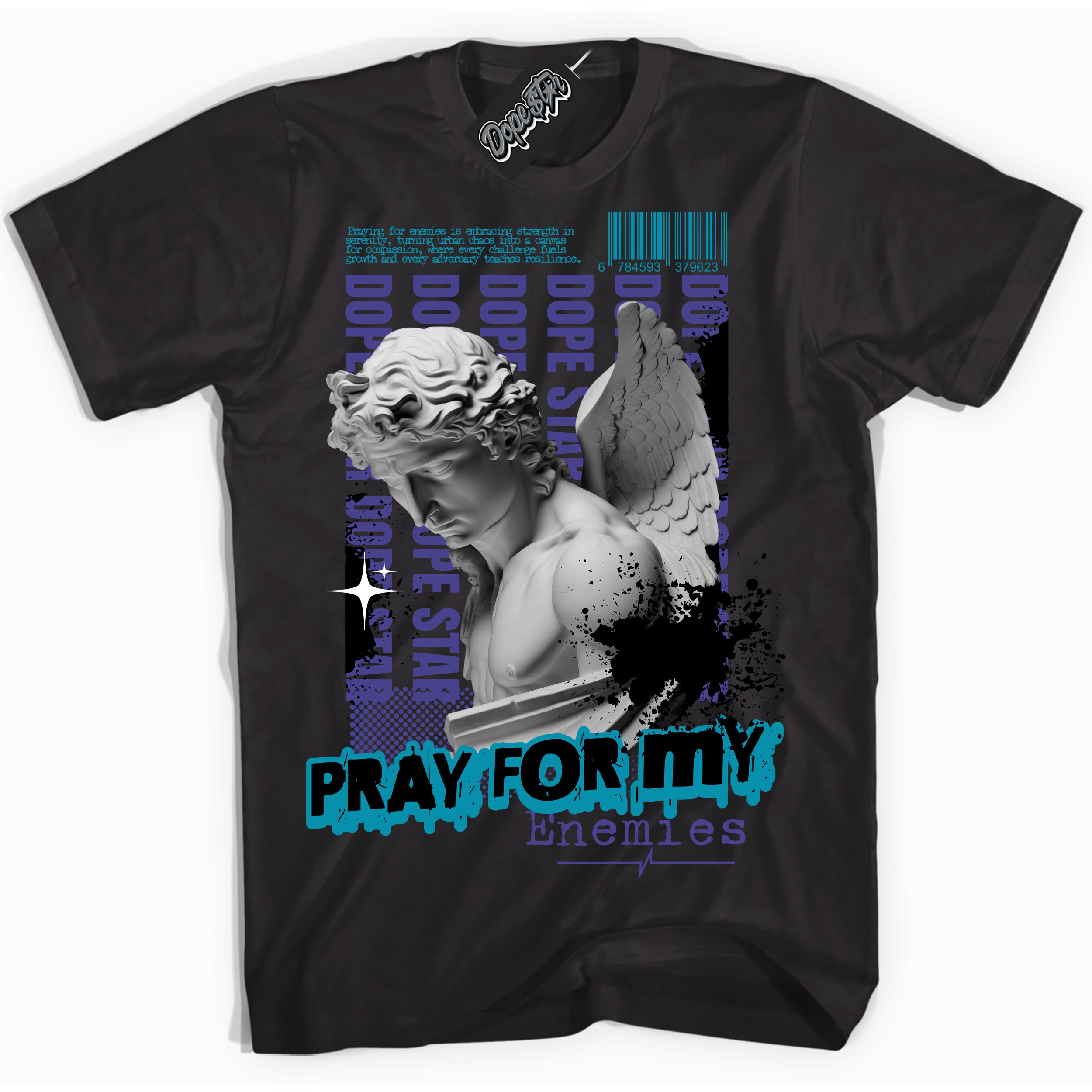 Cool Black Shirt with “ Pray Enemies” design that perfectly matches Aqua 6s Sneakers.