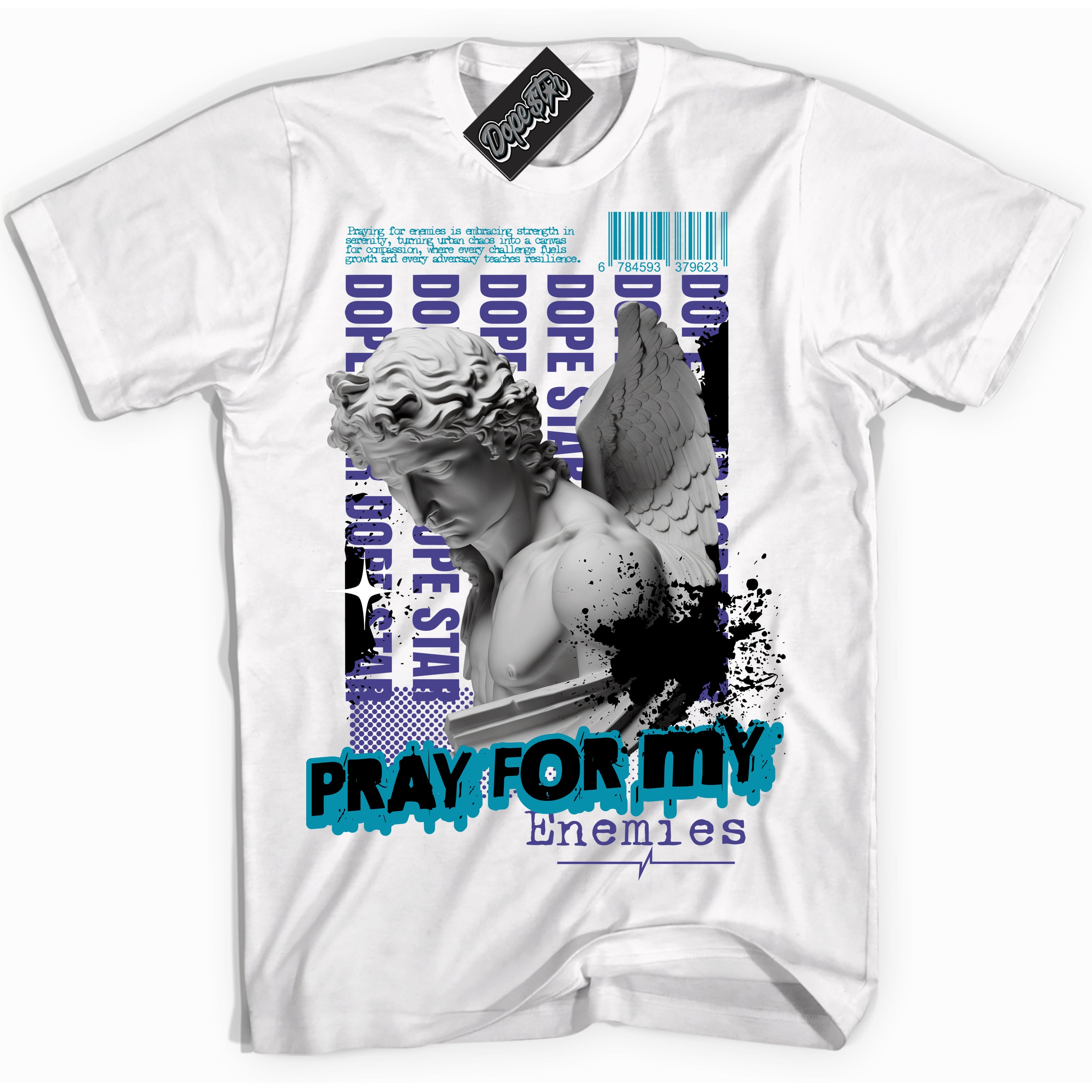 Cool White Shirt with “ Pray Enemies” design that perfectly matches Aqua 6s Sneakers.