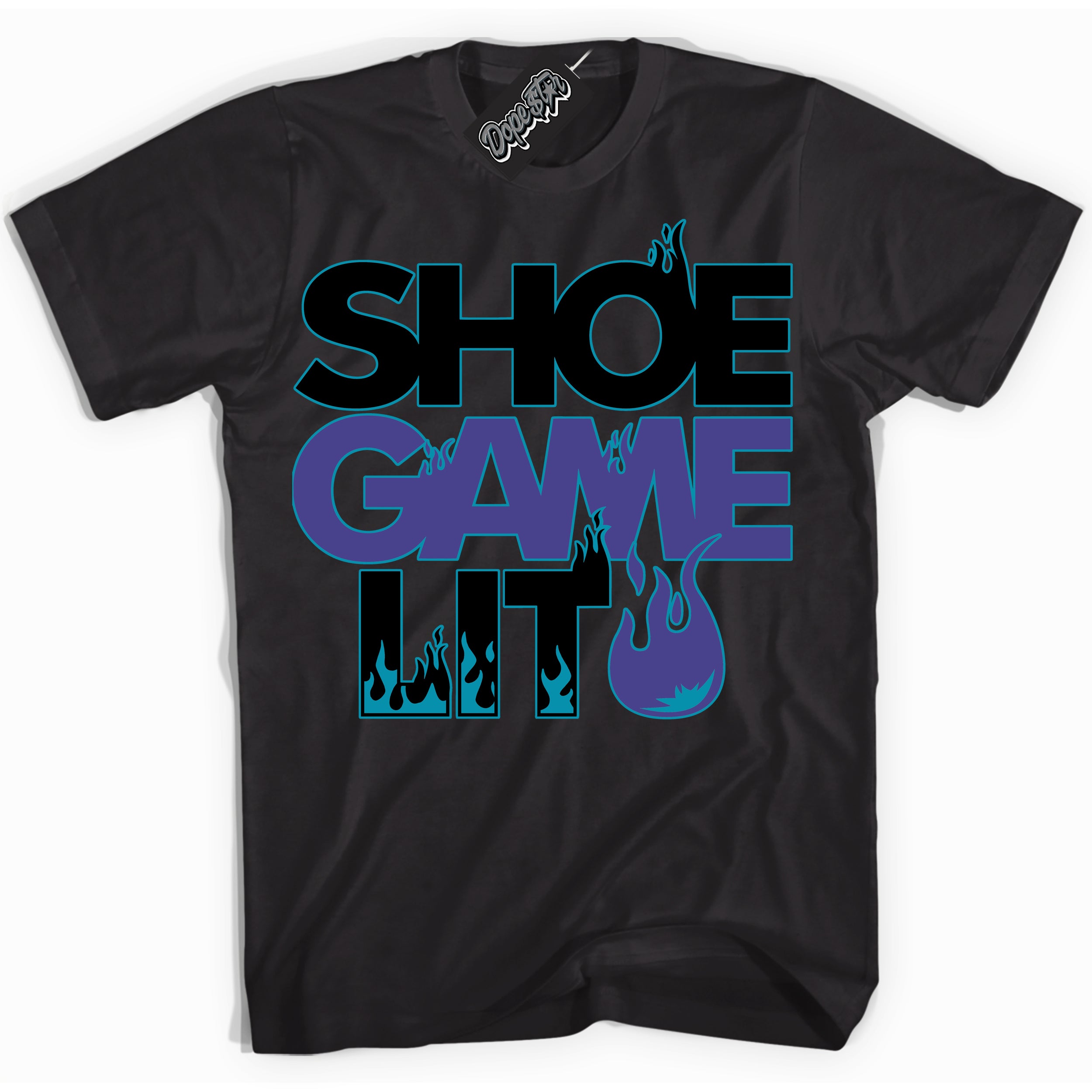 Cool Black Shirt with “ Shoe Game Lit ” design that perfectly matches Aqua 6s Sneakers.