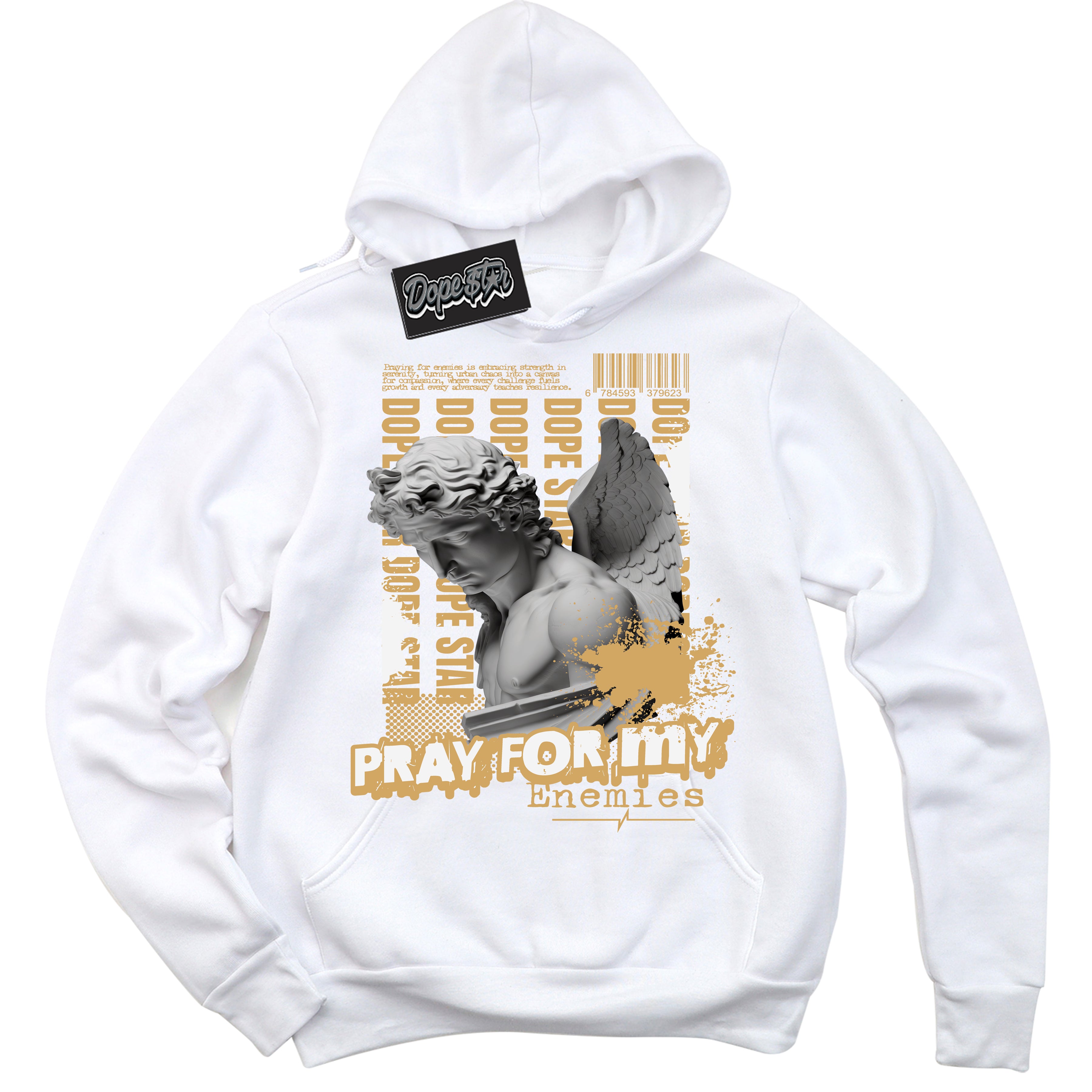 Cool White Hoodie with “ Pray Enemies ”  design that Perfectly Matches Craft Paris 6s Jordans.
