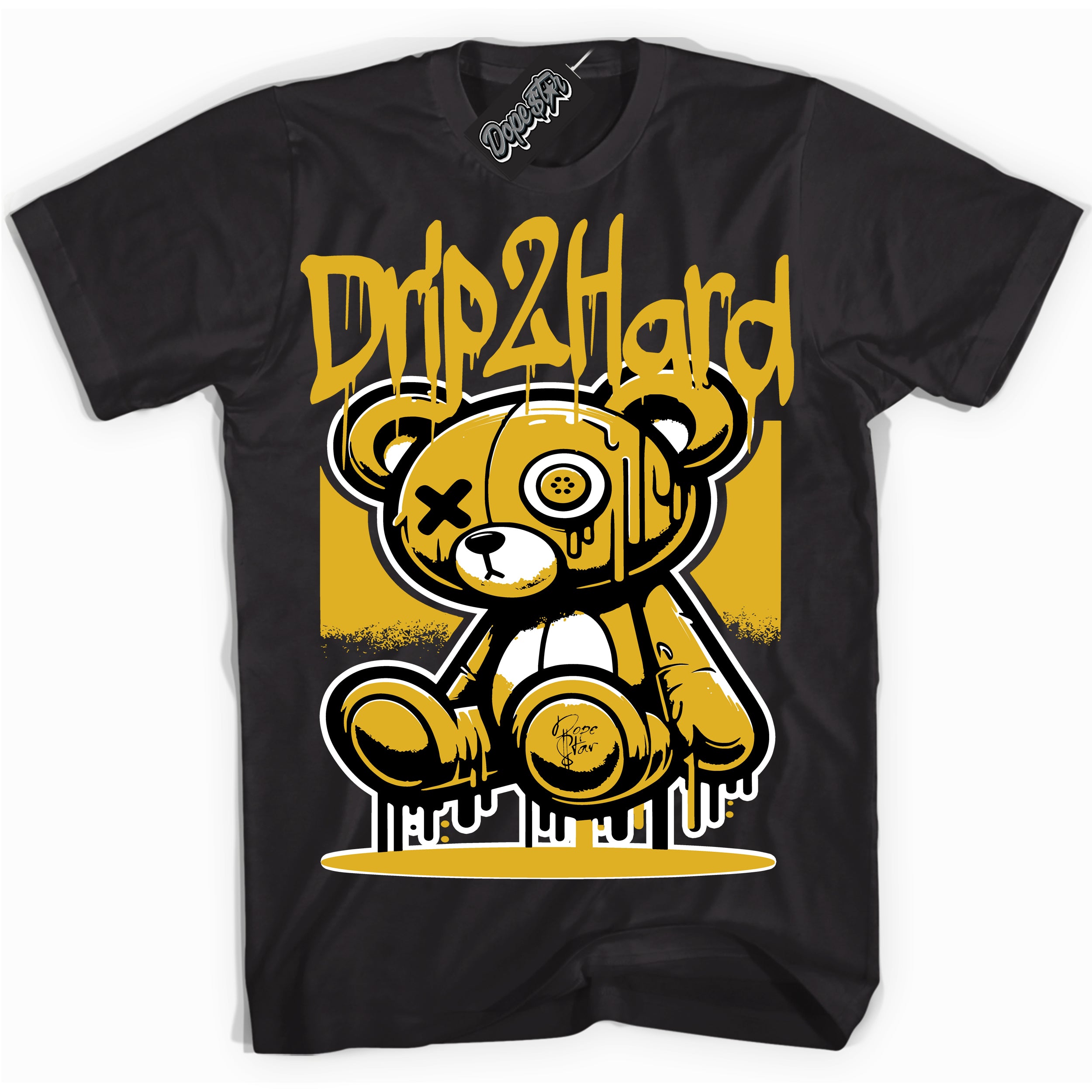 Cool Black Shirt With Drip 2 Hard  design That Perfectly Matches YELLOW OCHRE 6s Sneakers.
