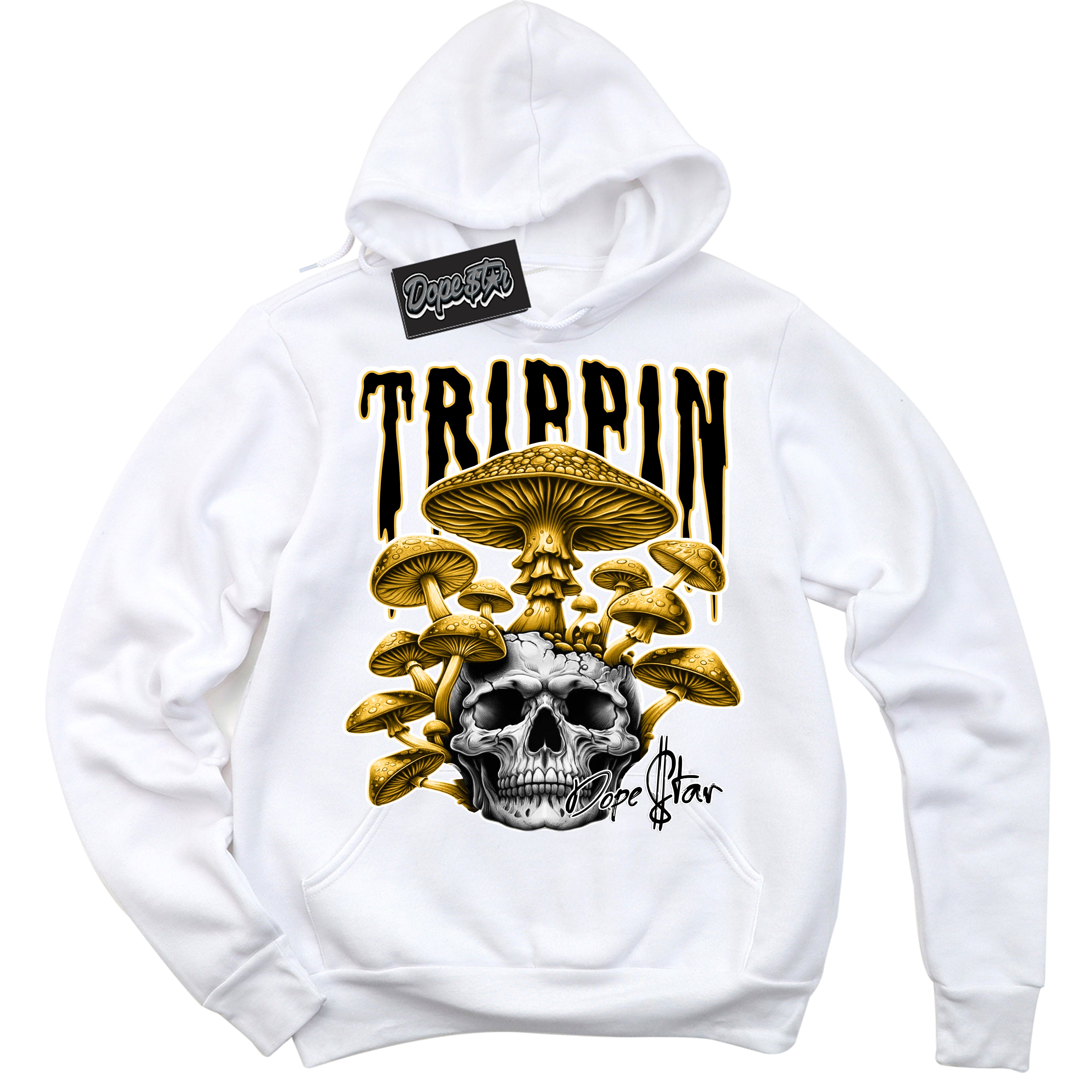 Cool White Hoodie with “ Trippin”  design that Perfectly Matches Yellow Ochre 6s Sneakers.