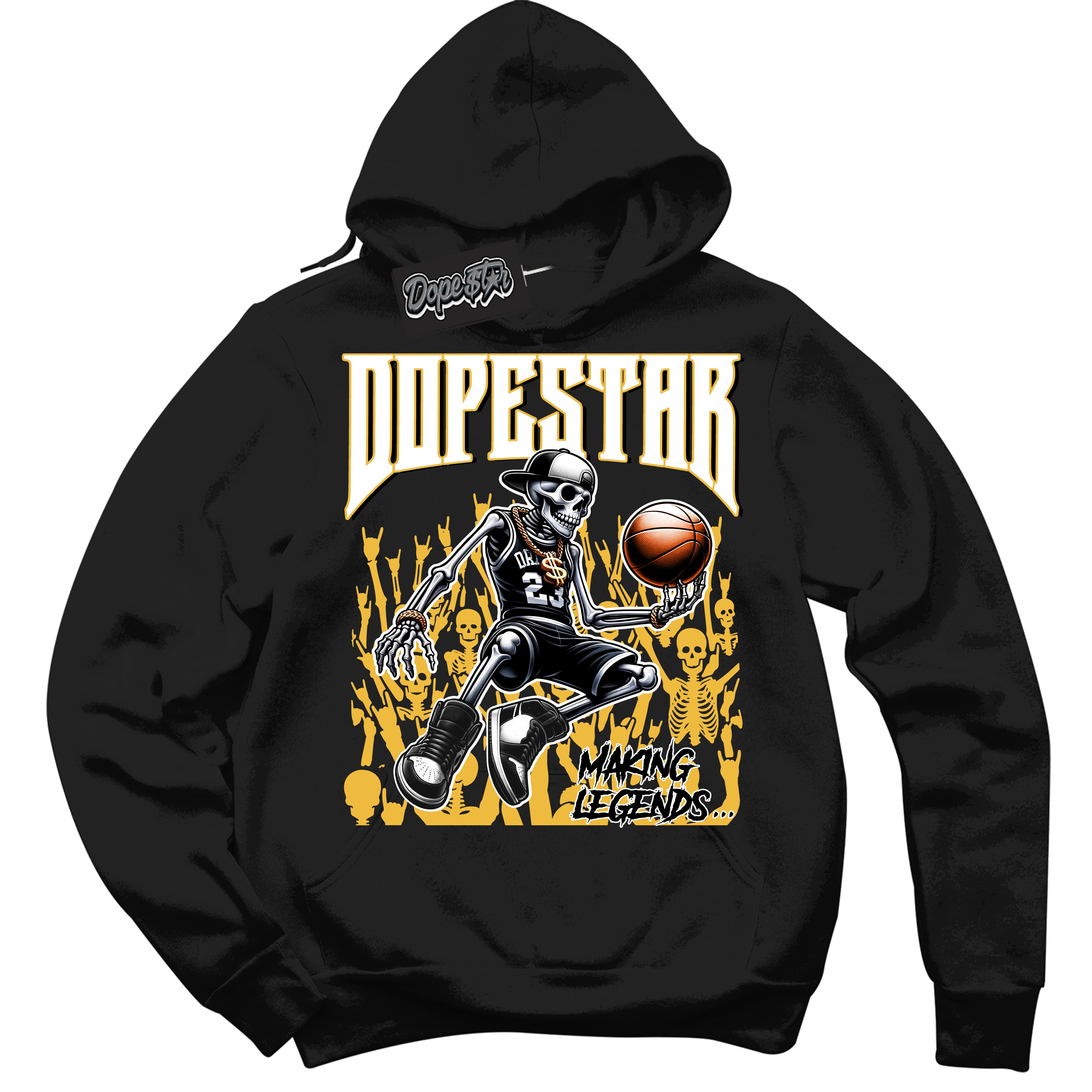 Cool Black Hoodie with “ Making Legends ”  design that Perfectly Matches Yellow Ochre 6s Sneakers.