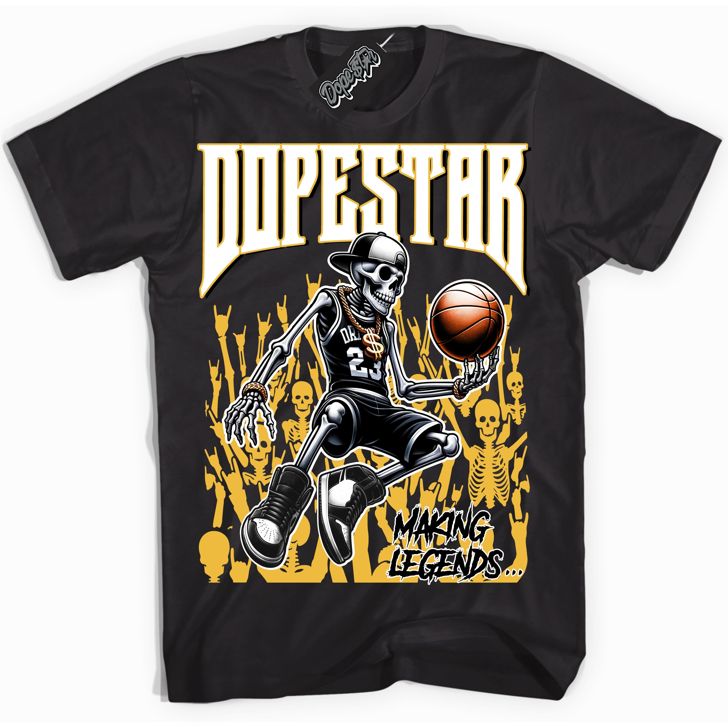 Cool Black Shirt with “ Making Legends ” design that perfectly matches Yellow Ochre 6s Sneakers.