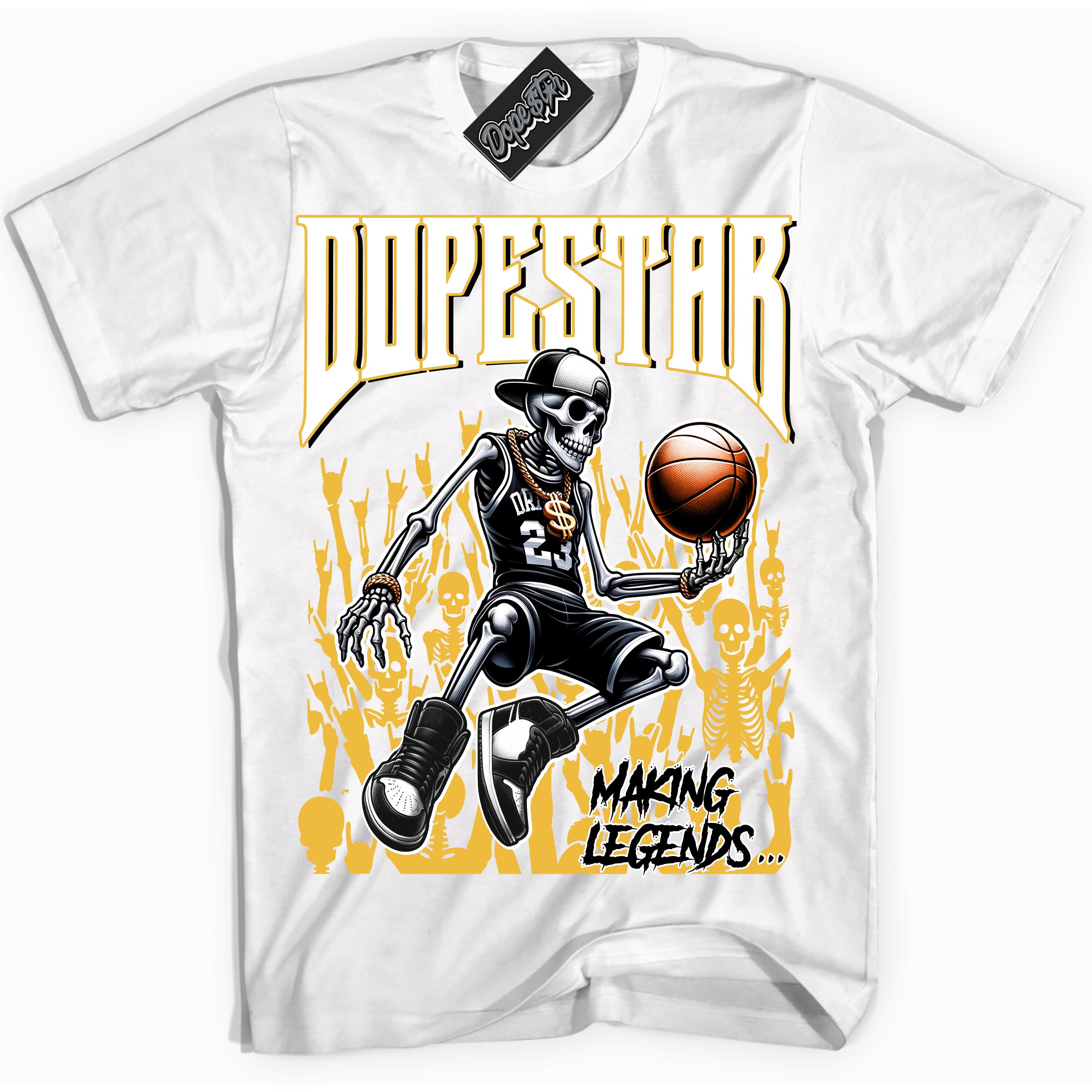 Cool White Shirt with “ Making Legends ” design that perfectly matches Yellow Ochre 6s Sneakers.