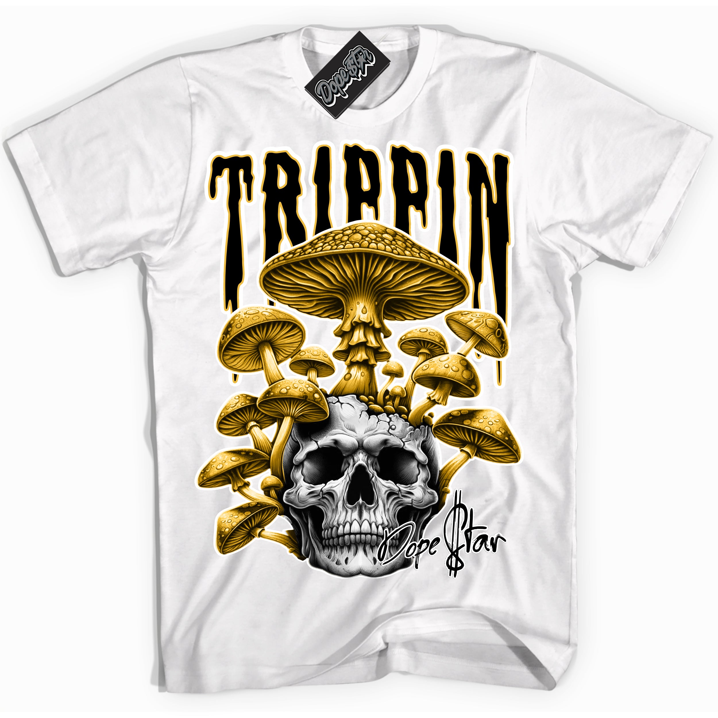 Cool White Shirt with “ Trippin” design that perfectly matches Yellow Ochre 6s Sneakers.