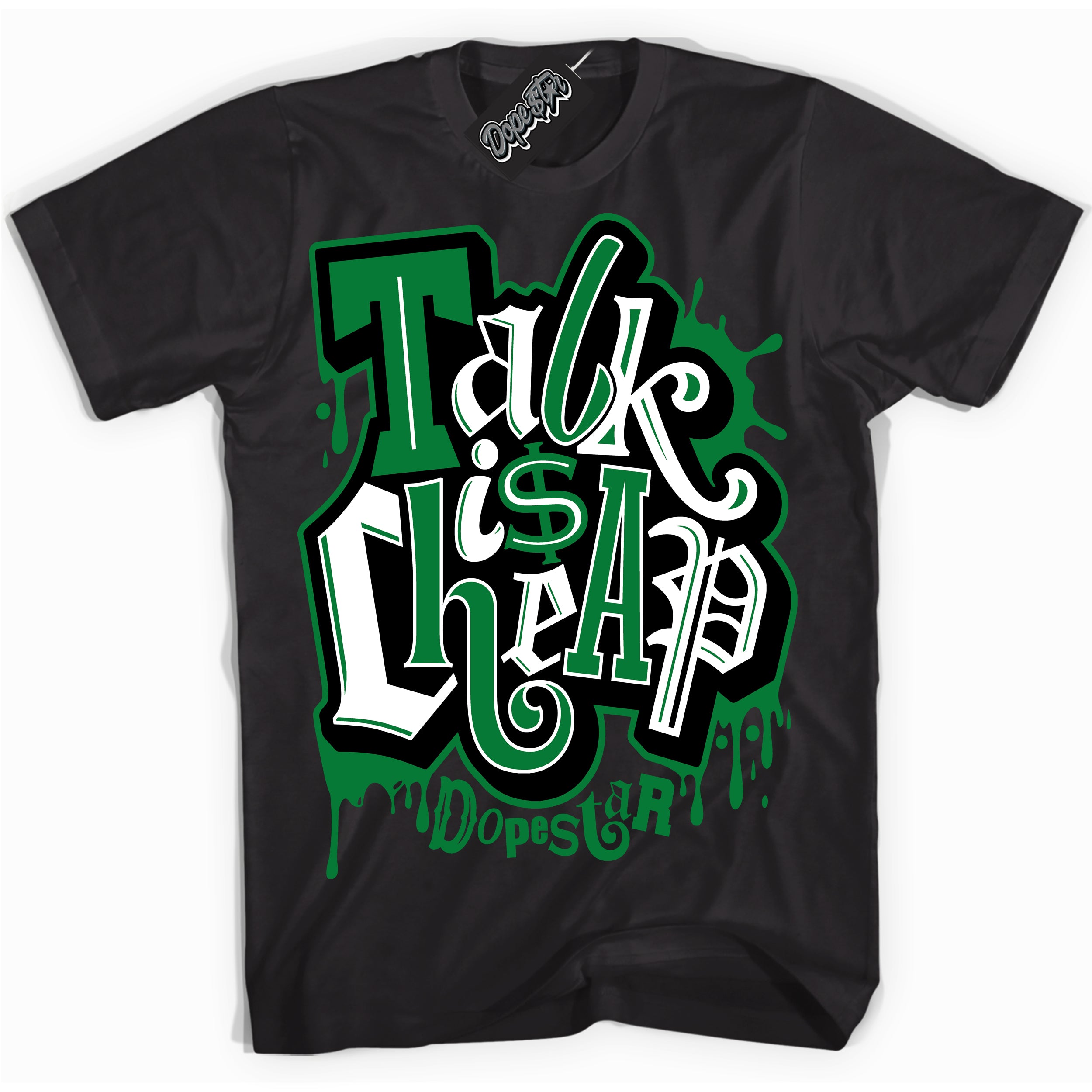 Cool Black Shirt with “ Talk Is Cheap” design that perfectly matches Rings Lucky Green 6s Sneakers.