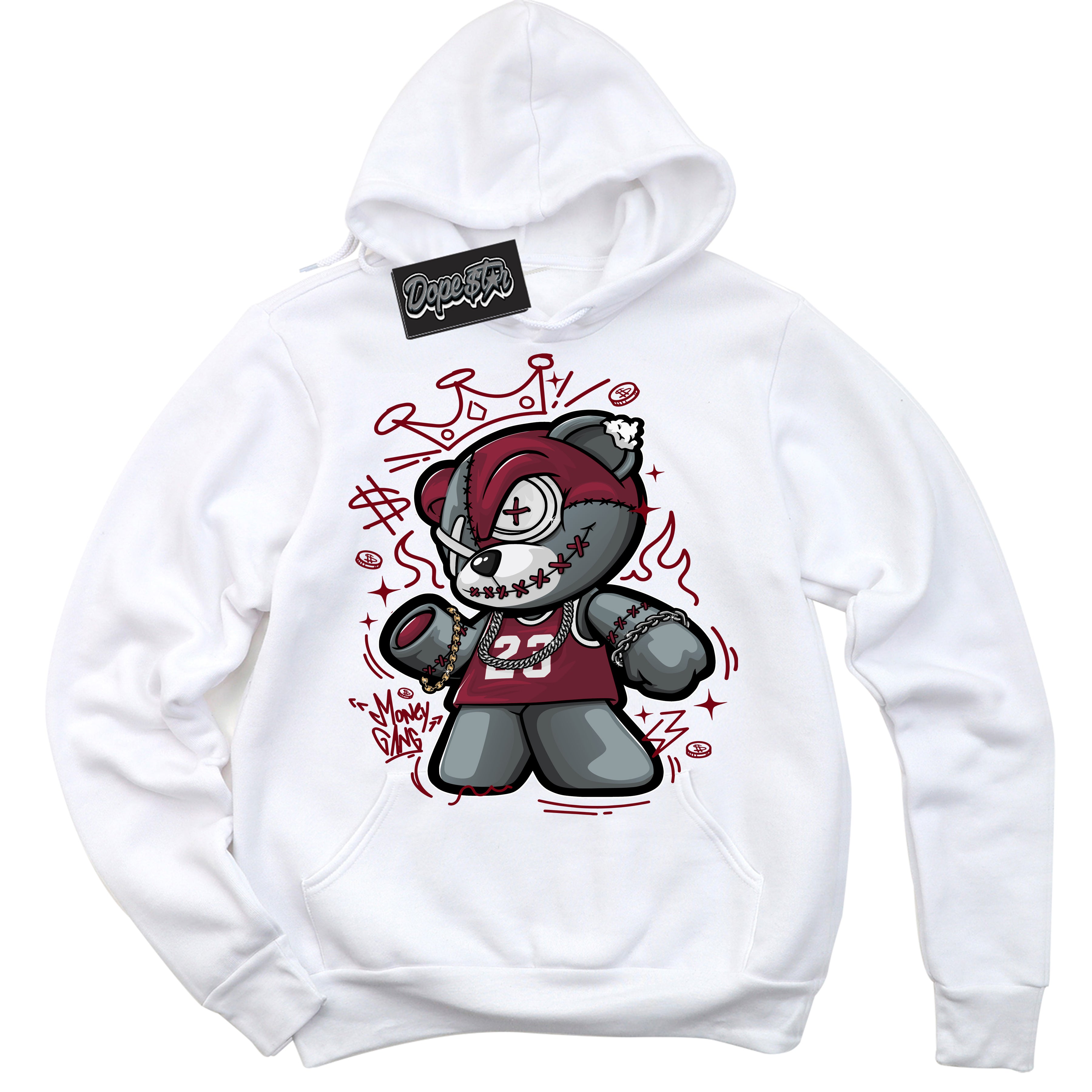 AJ6 Rings Team Red ‘Money Gang Bear – White Streetwear Hoodie | Sneaker Matching sweatshirt for AJ6 Rings Team Red | Graphic Hoodie for Men & Women Streetwear by Sneaker Shirts Outlet.