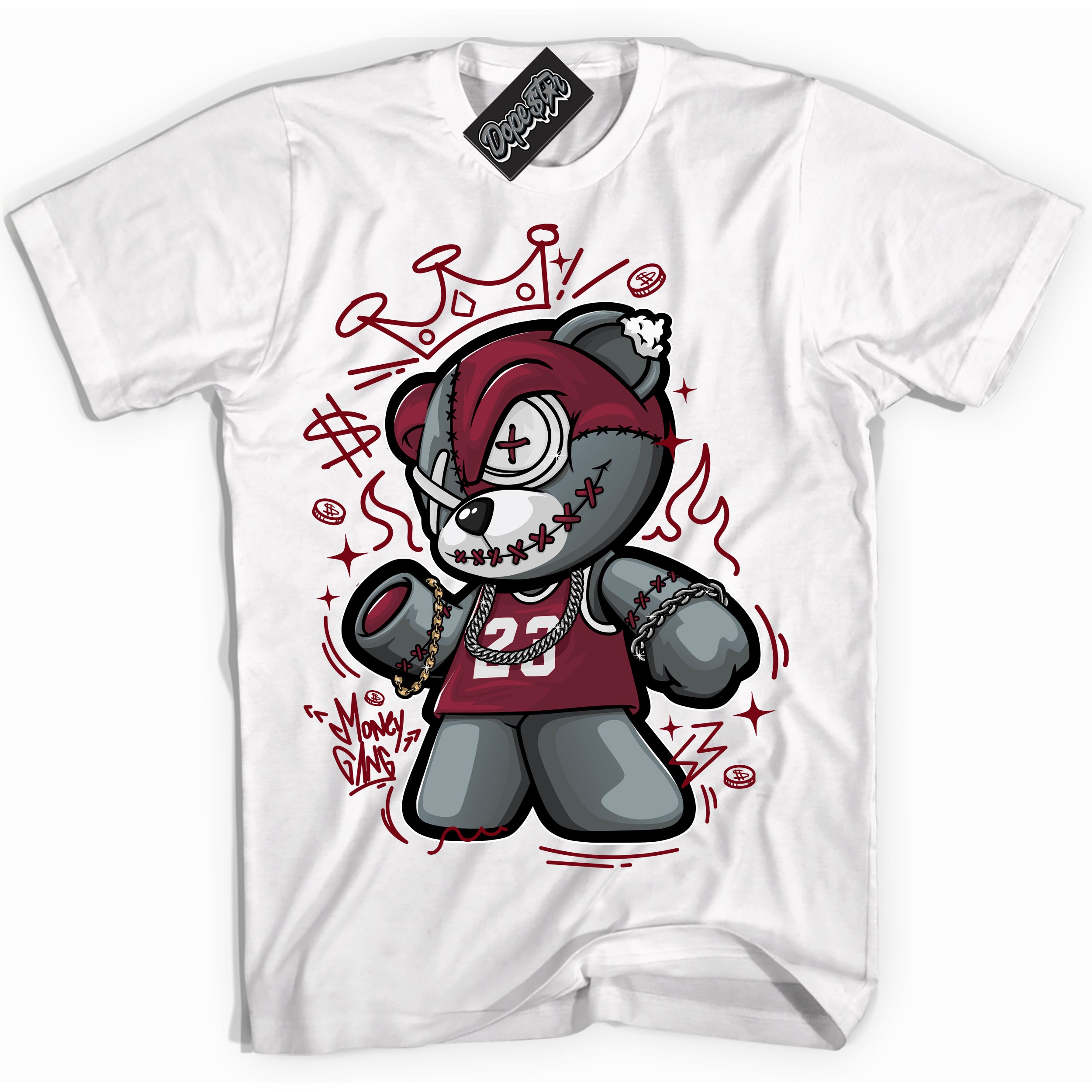 AJ6 Rings Team Red ‘Money Gang Bear – White Streetwear T-Shirt | Sneaker Matching shirt for AJ6 Rings Team Red | Graphic Tee for Men & Women Streetwear by Sneaker Shirts Outlet.