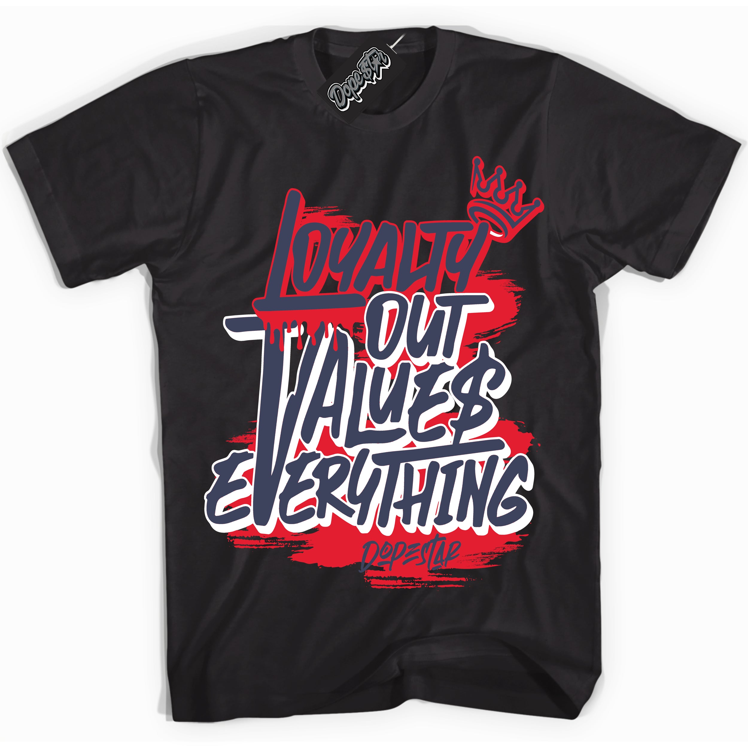 Cool Black Shirt with “ Loyalty Out Values Everything” design that perfectly matches Quai 54 7s Sneakers.