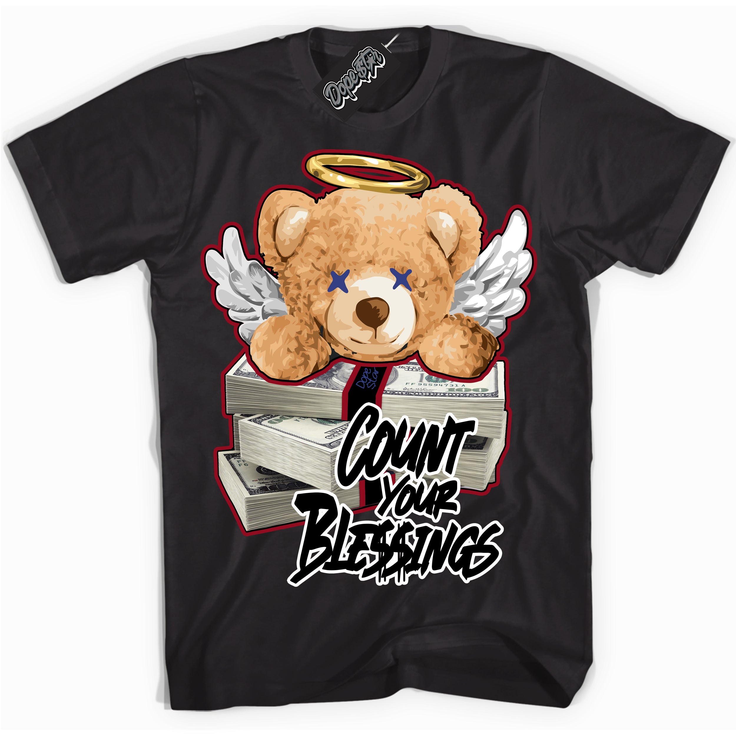 Cool Black Shirt with “ Count Your Blessings ” design that perfectly matches Playoffs 8s Sneakers.