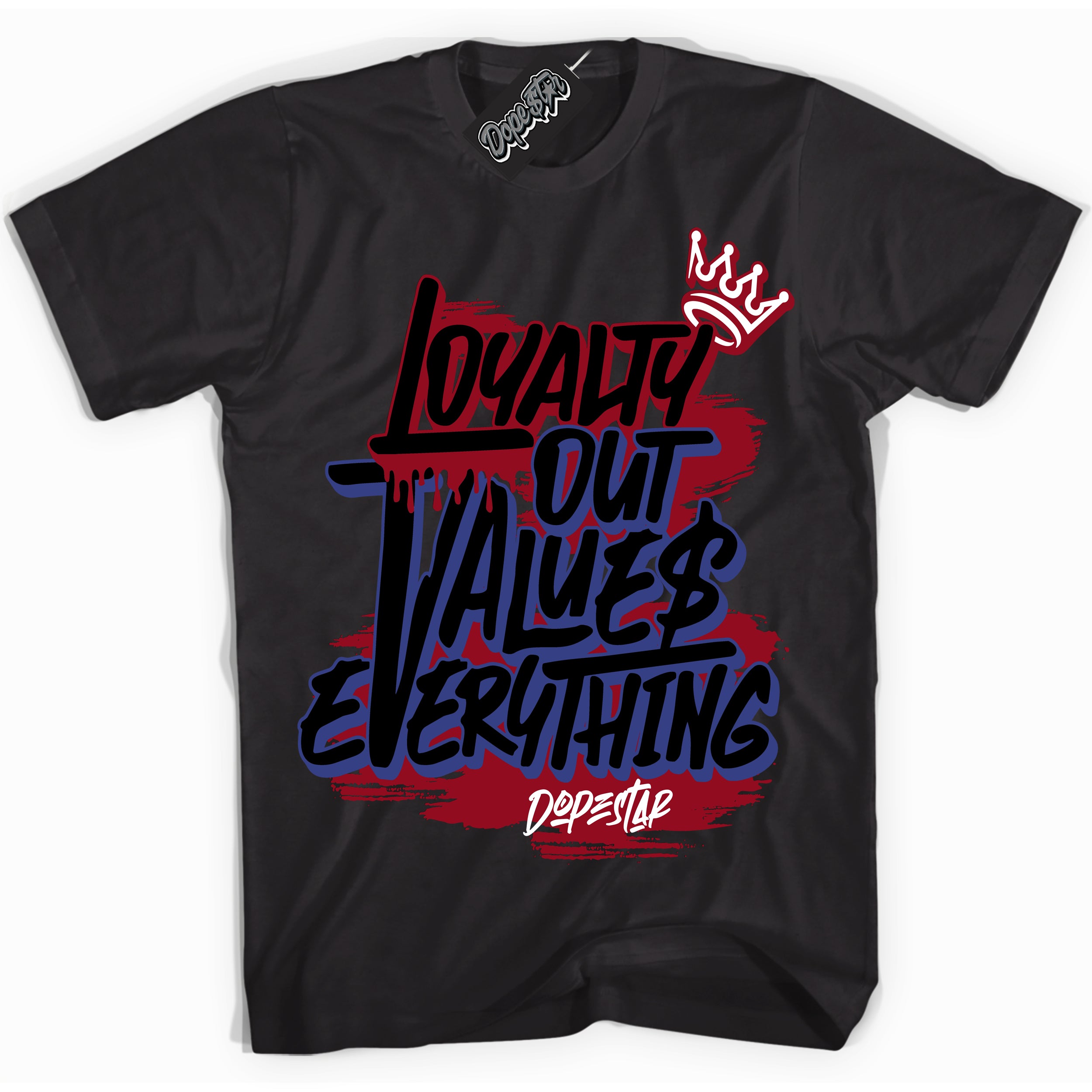 Cool Black Shirt with “ Loyalty Out Values Everything” design that perfectly matches Playoffs 8s Sneakers.