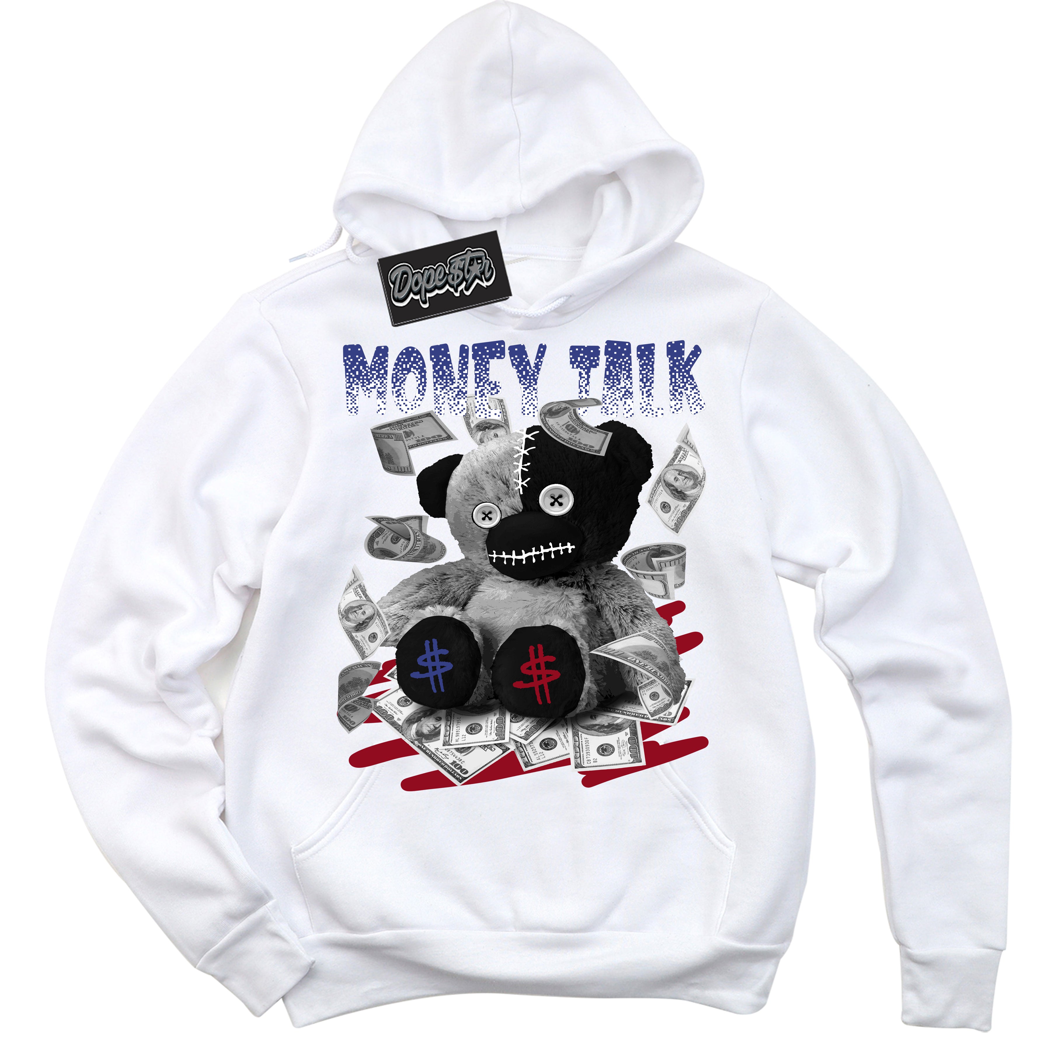 Cool White Hoodie with “ Money Talk Bear ”  design that Perfectly Matches Playoffs 8s Sneakers.