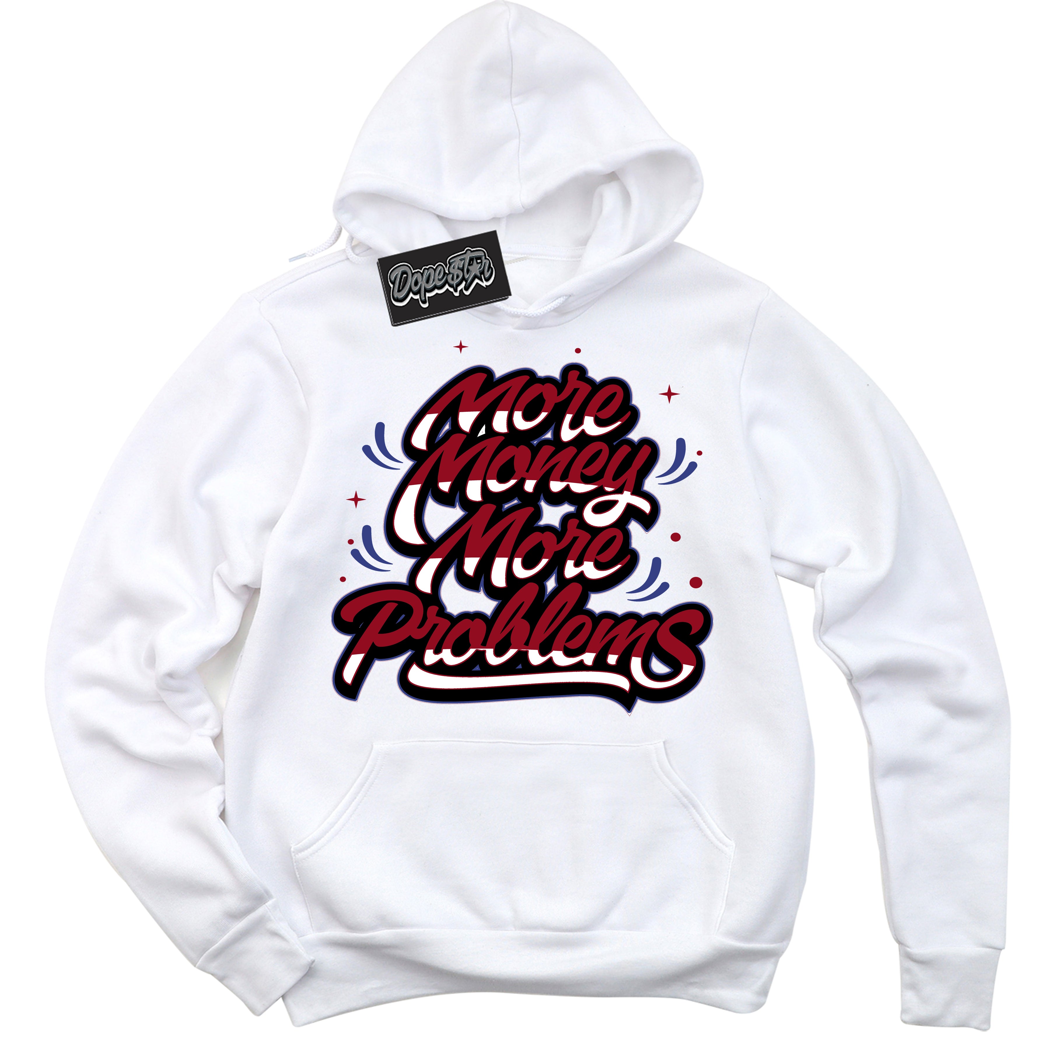 Cool White Hoodie with “ More Money More Problems ”  design that Perfectly Matches Playoffs 8s Sneakers.