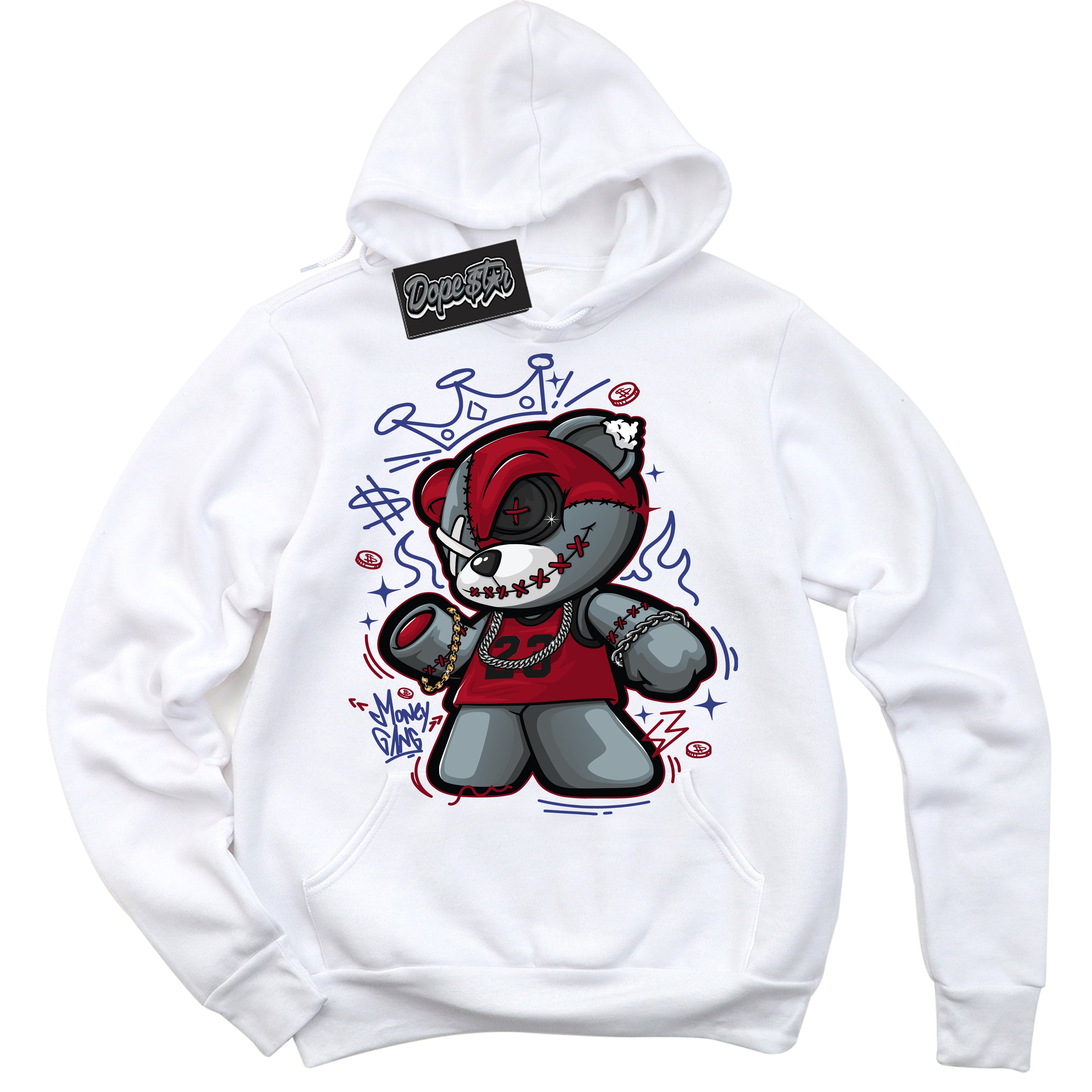 Cool White Hoodie with “ Money Gang Bear ”  design that Perfectly Matches Playoffs 8s Sneakers.