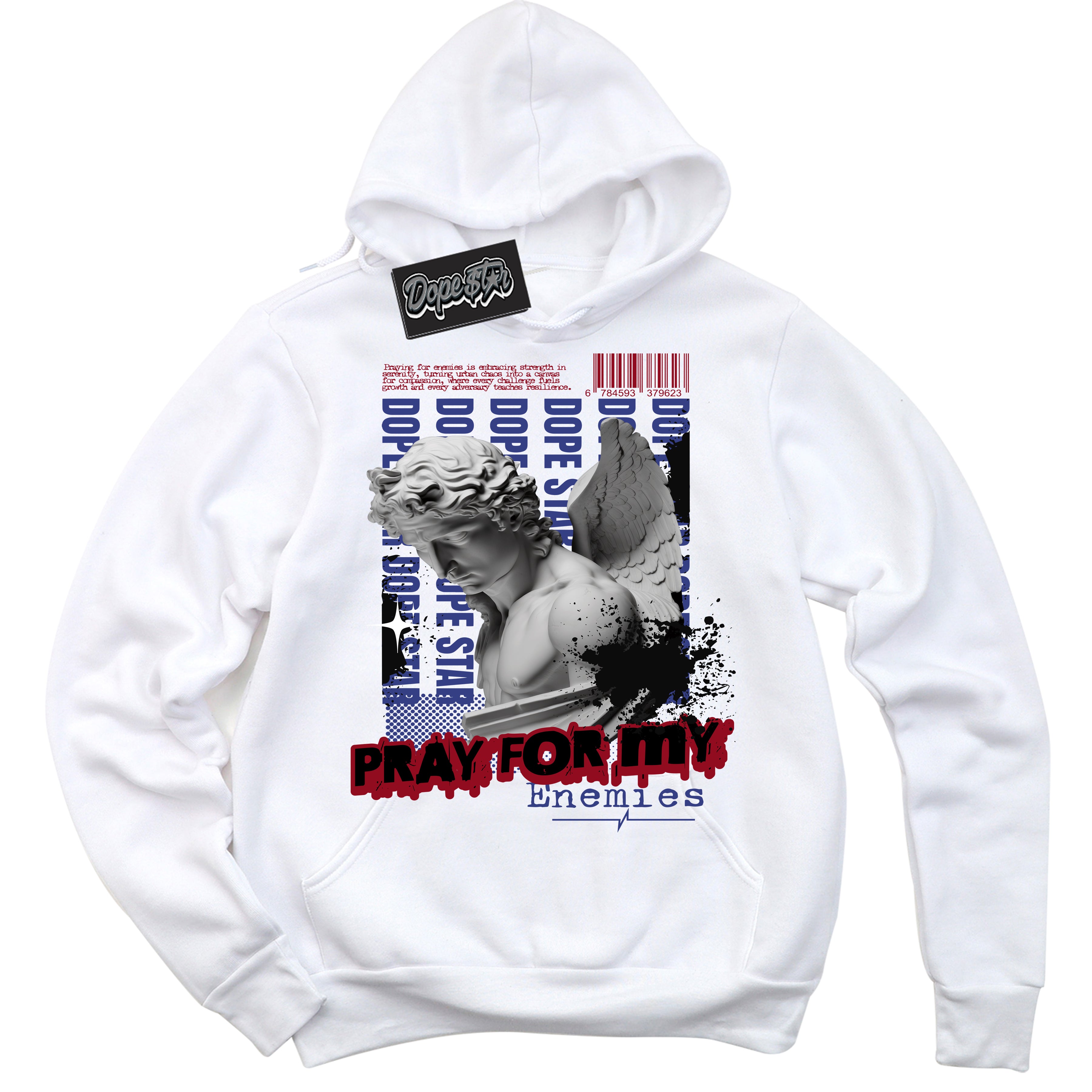 Cool White Hoodie with “ Pray Enemies ”  design that Perfectly Matches Playoffs 8s Sneakers.