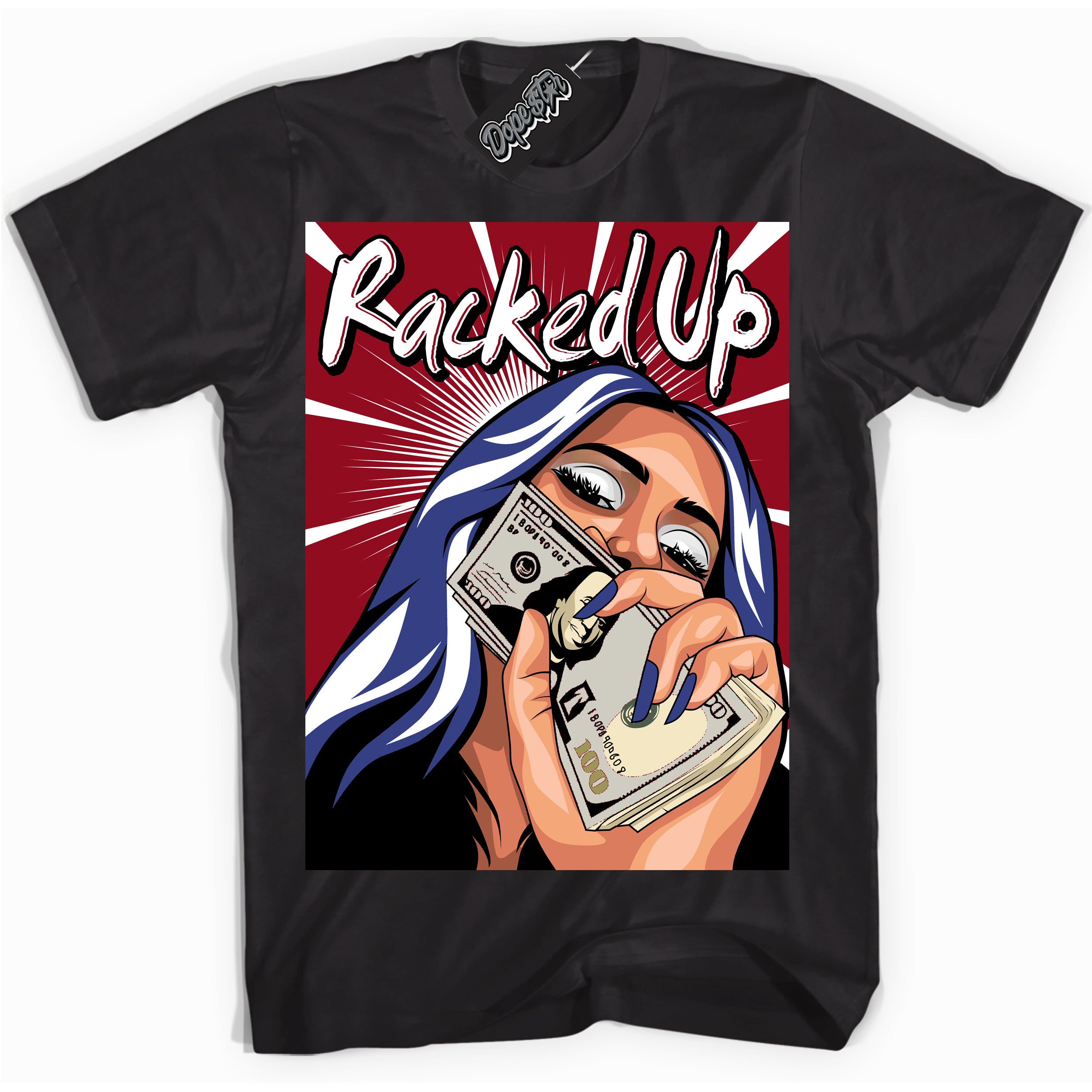 Cool Black Shirt with “ Racked Up ” design that perfectly matches Playoffs 8s Sneakers.