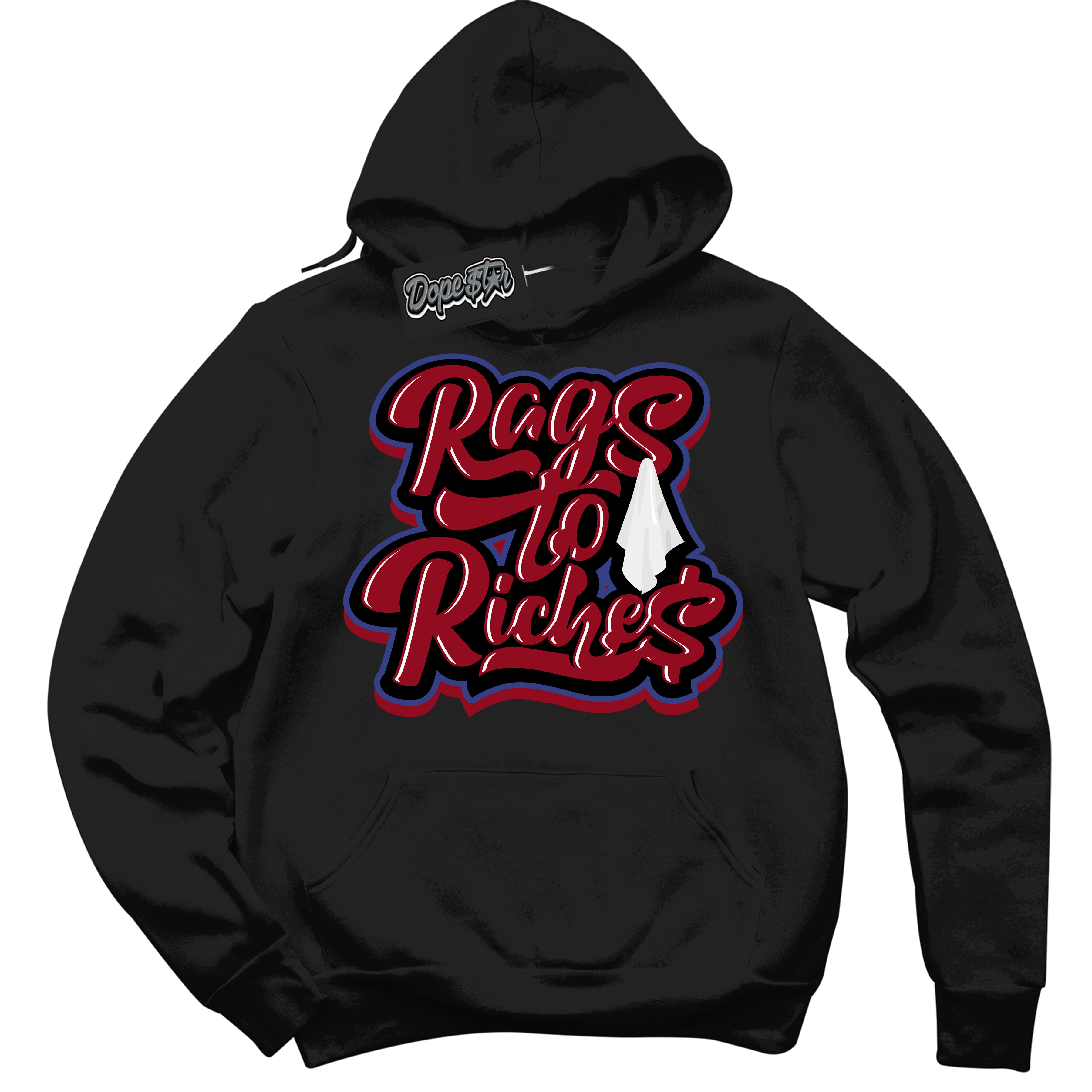 Cool Black Hoodie with “ Rags To Riches ”  design that Perfectly Matches Playoffs 8s Sneakers.