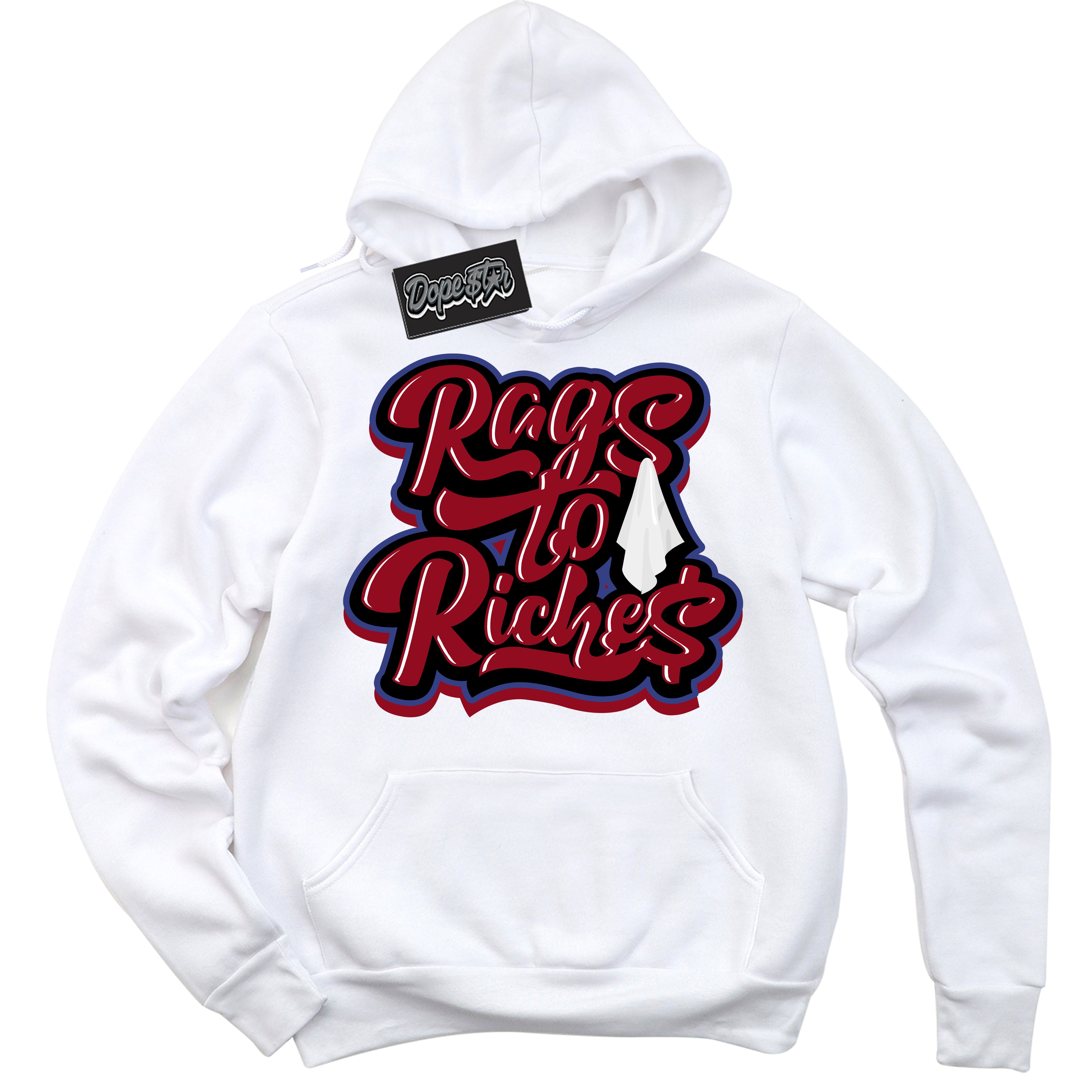 Cool White Hoodie with “ Rags To Riches ”  design that Perfectly Matches Playoffs 8s Sneakers.