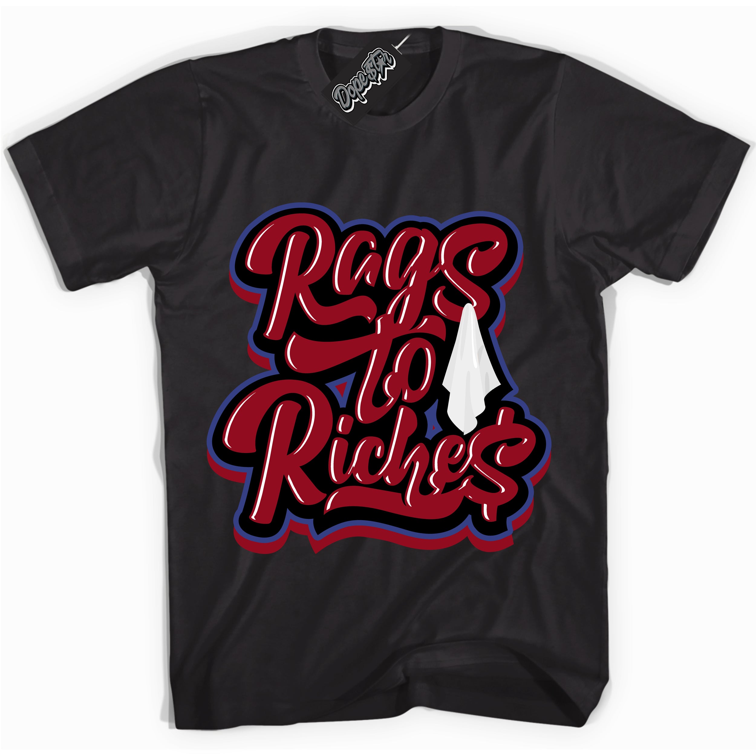 Cool Black Shirt with “ Rags To Riches ” design that perfectly matches Playoffs 8s Sneakers.