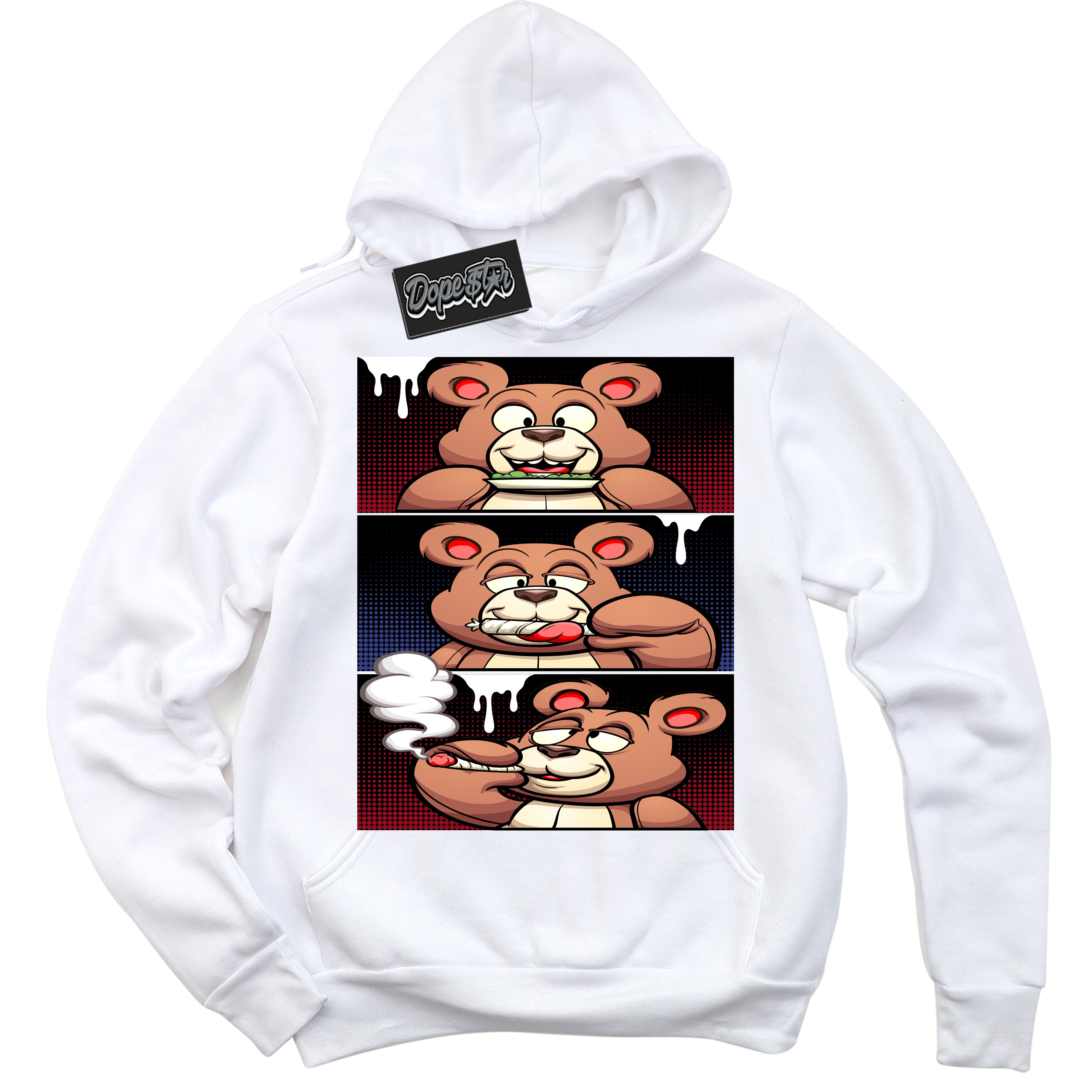 Cool White Hoodie with “ Roll It Lick It Smoke It Bear ”  design that Perfectly Matches Playoffs 8s Sneakers.