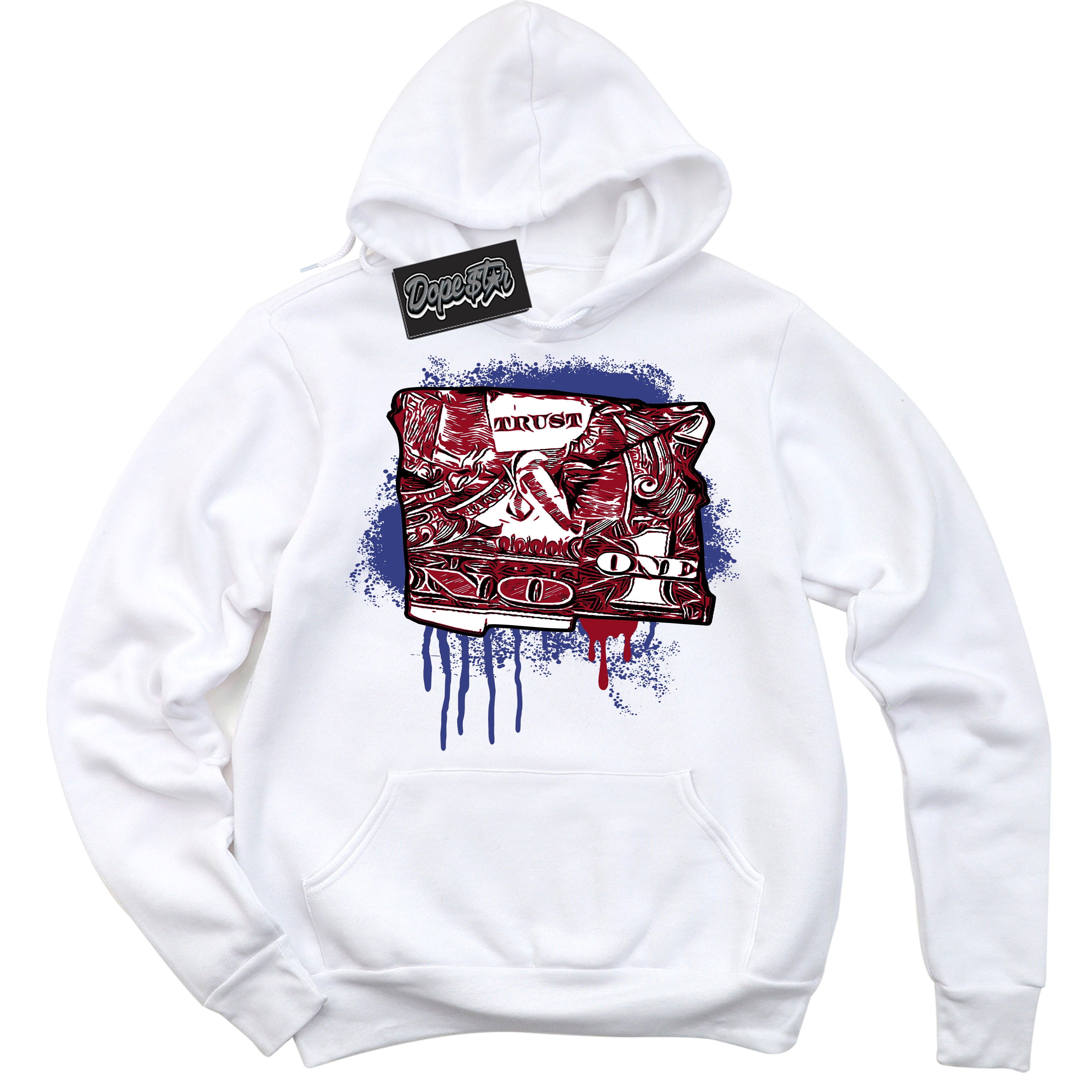 Cool White Hoodie with “ Trust No One Dollar ”  design that Perfectly Matches Playoffs 8s Sneakers.