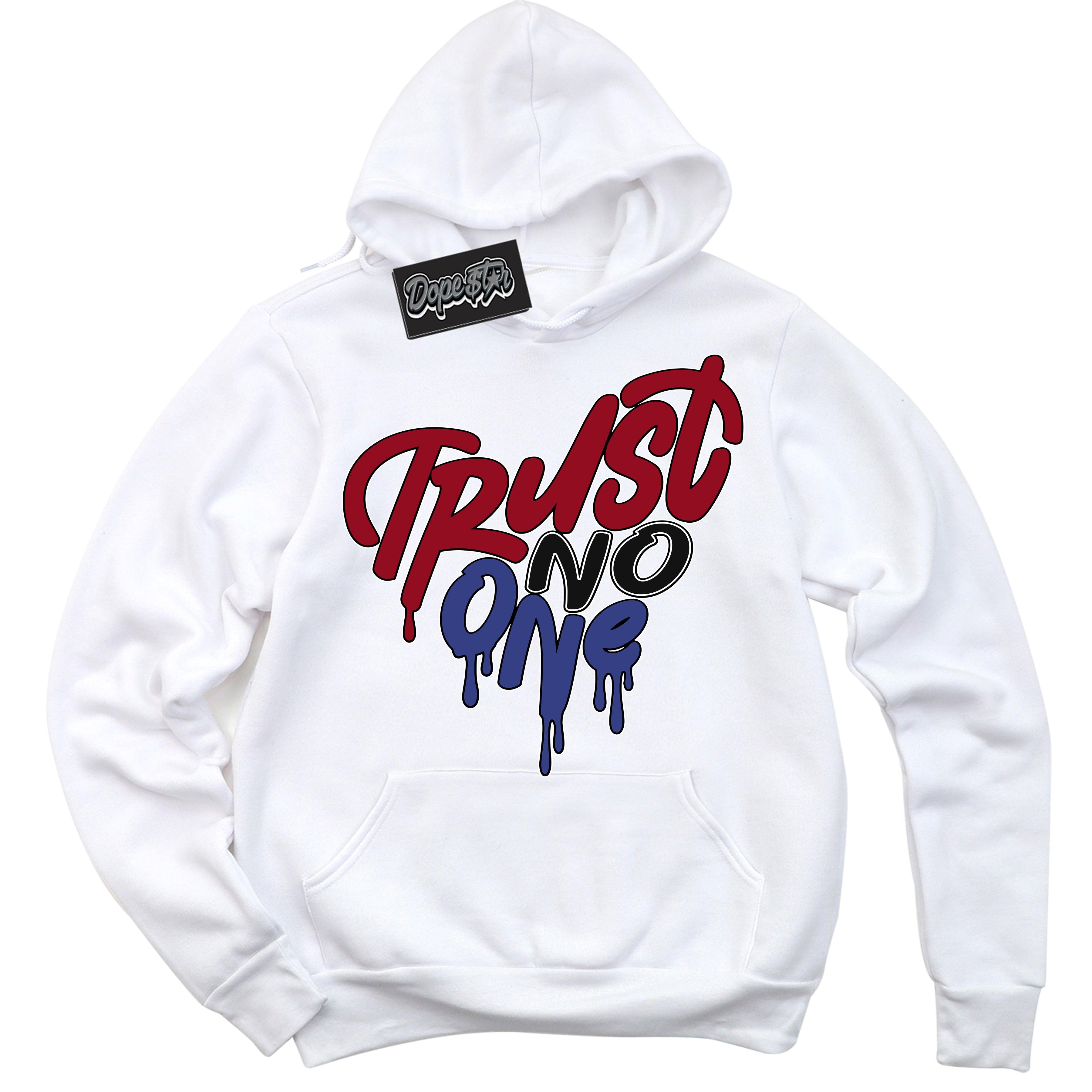 Cool White Hoodie with “ Trust No One Heart ”  design that Perfectly Matches Playoffs 8s Sneakers.