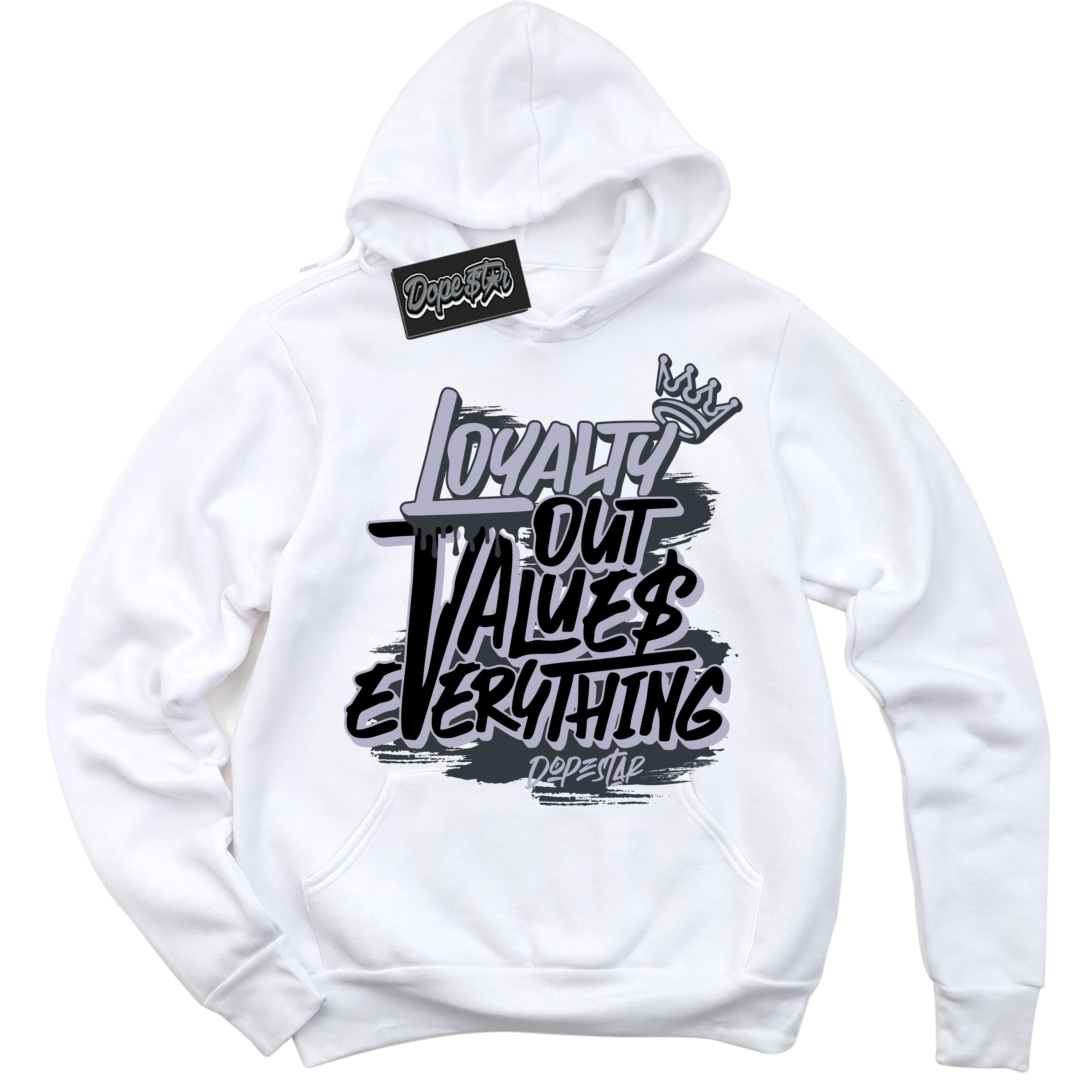 Cool White Hoodie with “ Loyalty Out Values Everything ”  design that Perfectly Matches Winterized Gunsmoke 8s Sneakers.