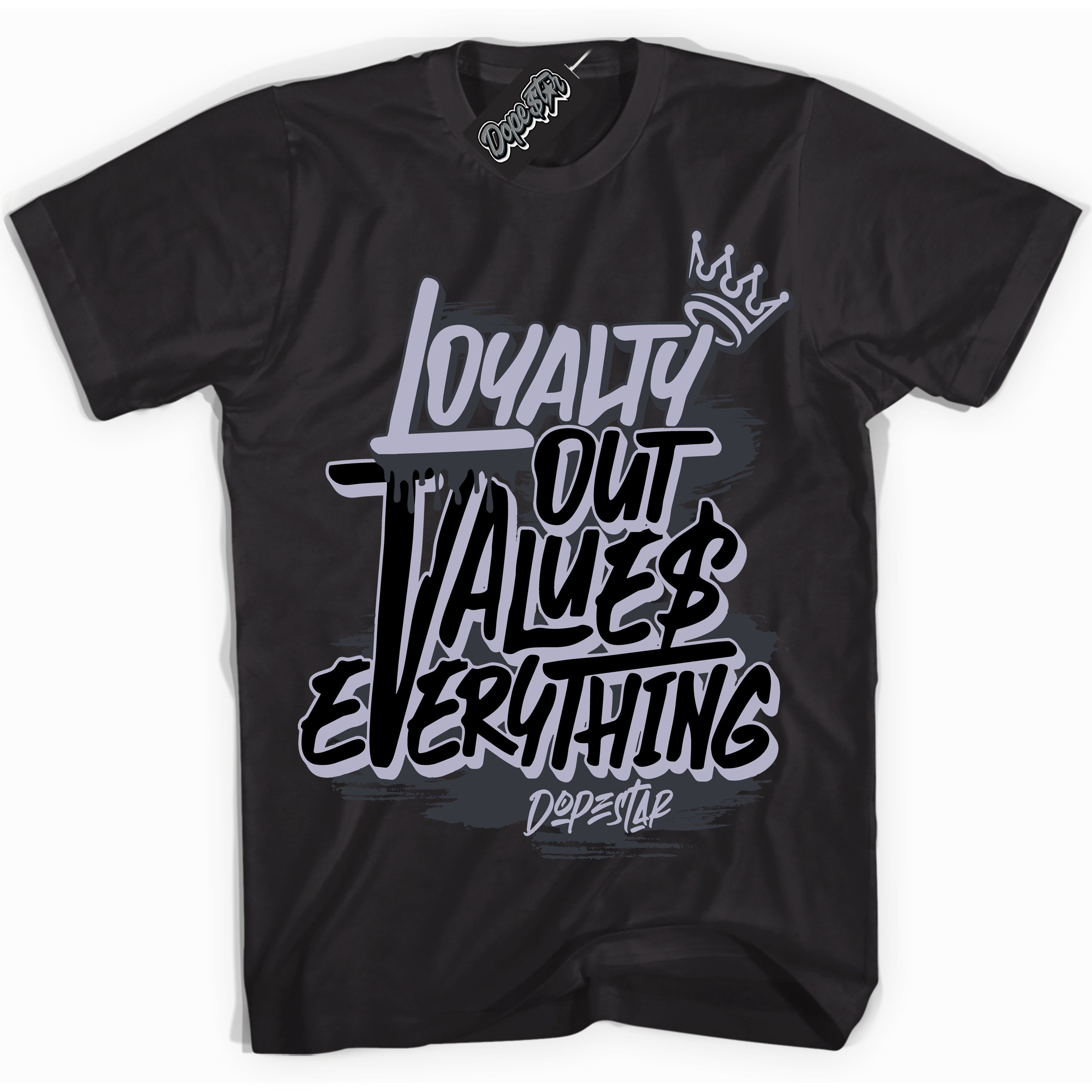 Cool Black Shirt with “ Loyalty Out Values Everything” design that perfectly matches Winterized Gunsmoke 8s Sneakers.