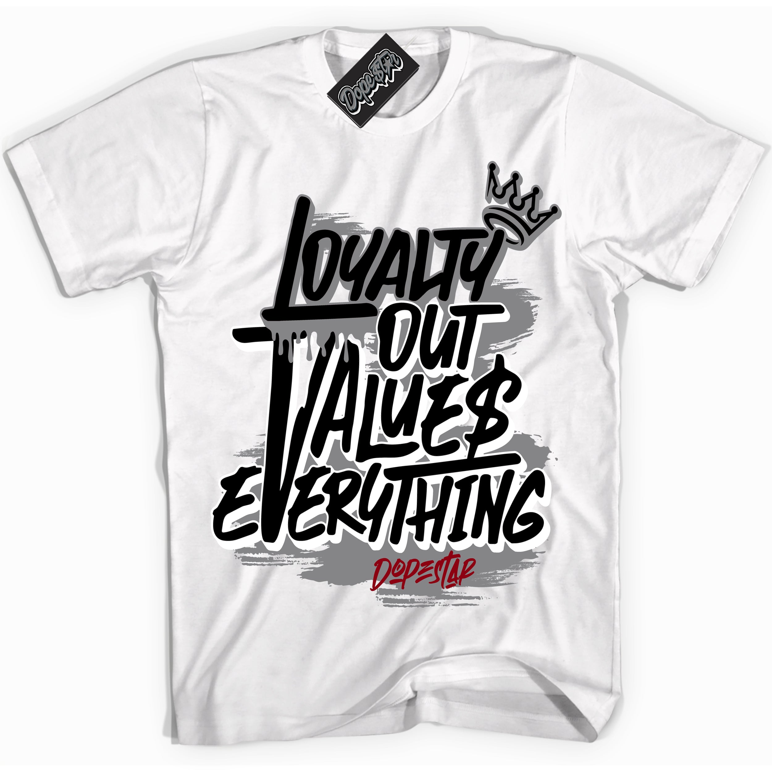 Cool White Shirt with “ Loyalty Out Values Everything” design that perfectly matches Particle Grey 9s Sneakers.