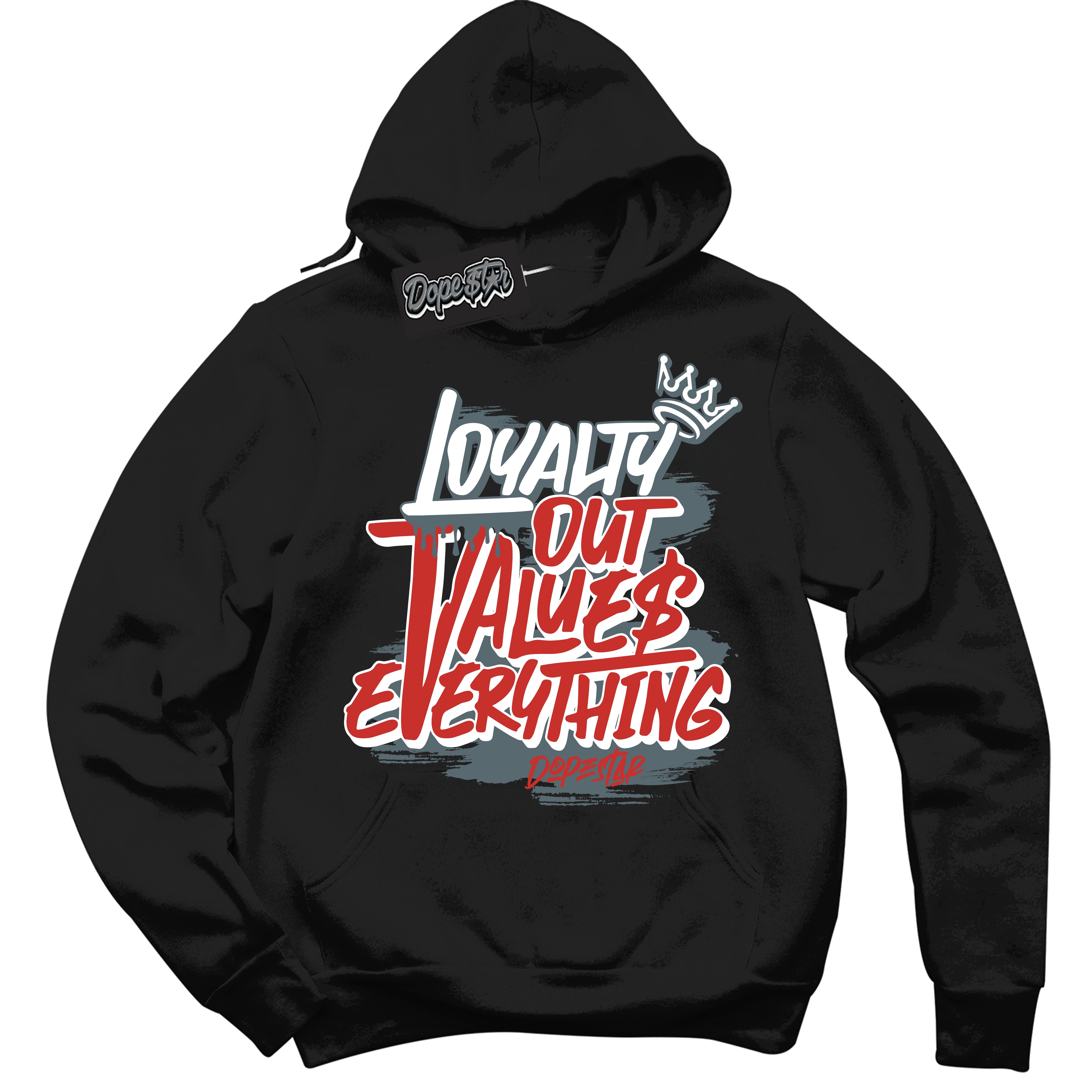 Cool Black Hoodie with “ Loyalty Out Values Everything ”  design that Perfectly Matches  Red Fire 9s Sneakers.