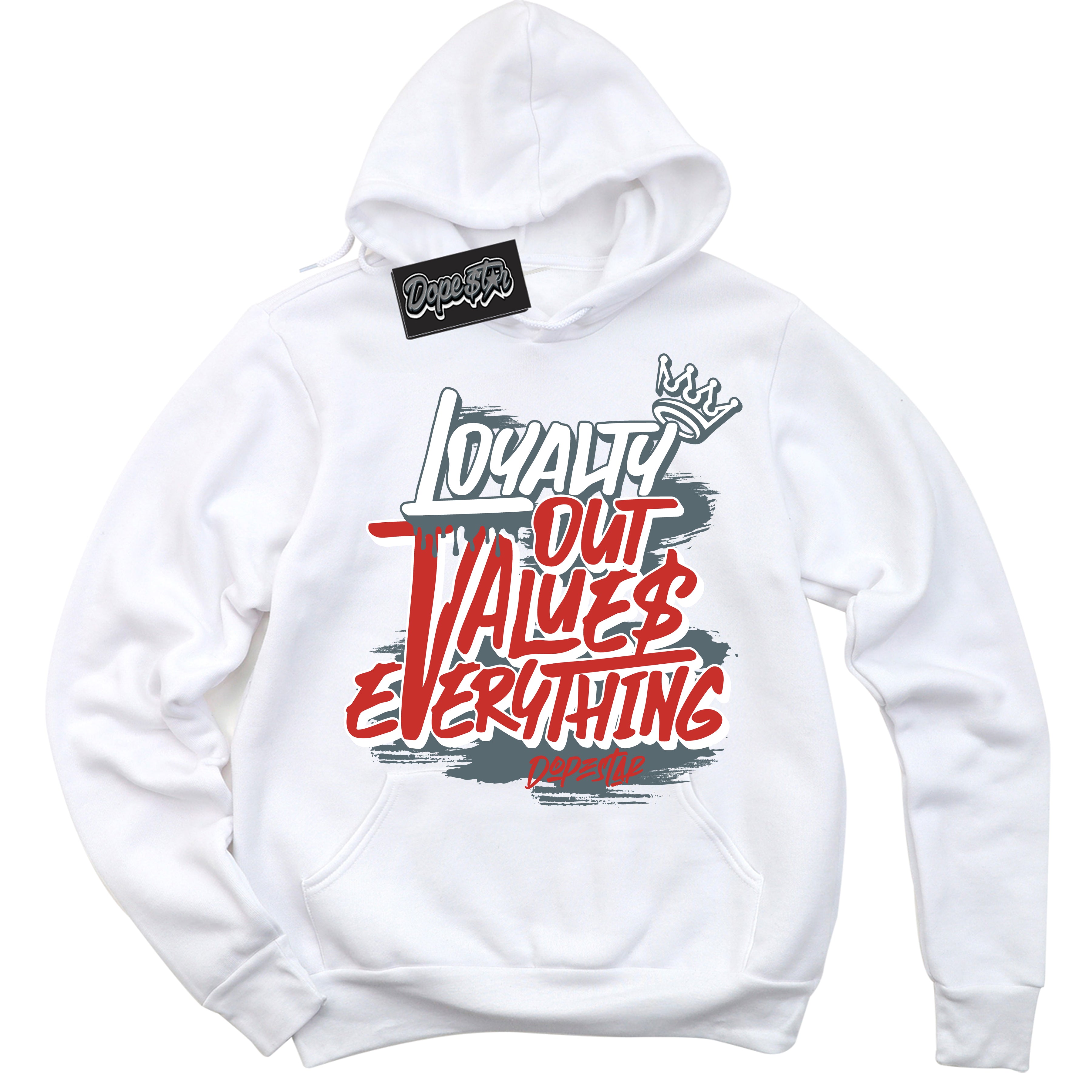 Cool White Hoodie with “ Loyalty Out Values Everything ”  design that Perfectly Matches Red Fire 9s Sneakers.