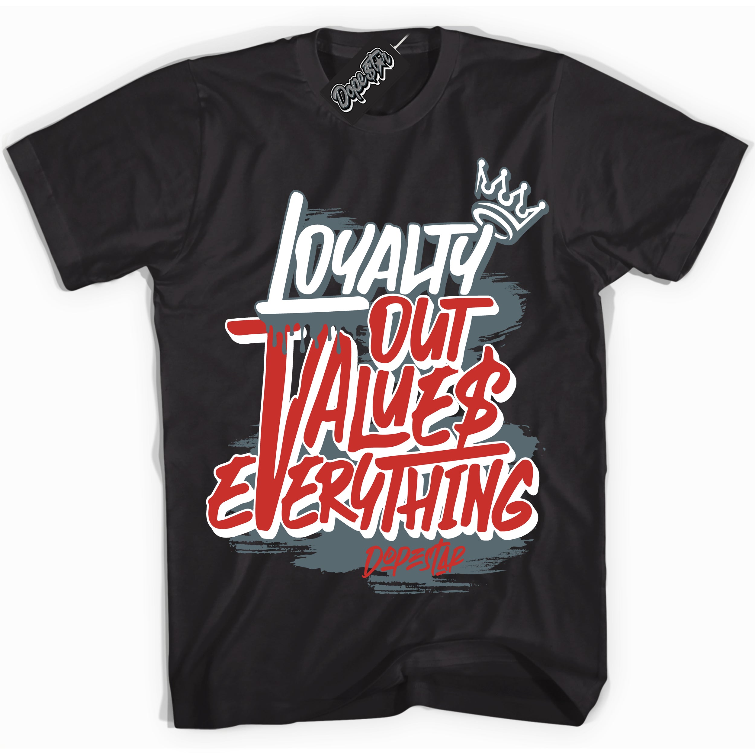Cool Black Shirt with “ Loyalty Out Values Everything” design that perfectly matches Red Fire 9s Sneakers.