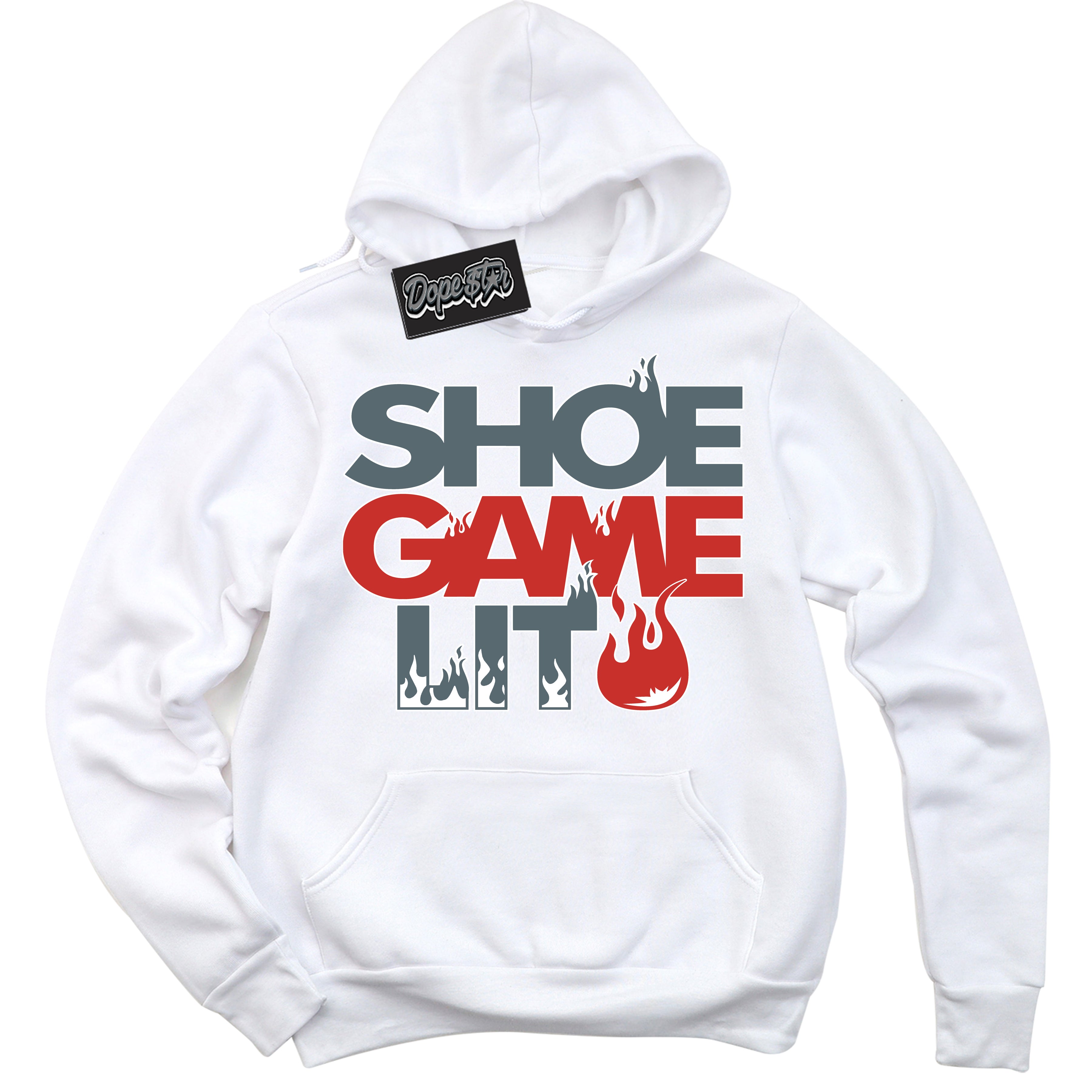 Cool White Hoodie with “ Shoe Game Lit '' design that Perfectly Matches  Red Fire 9s Sneakers.