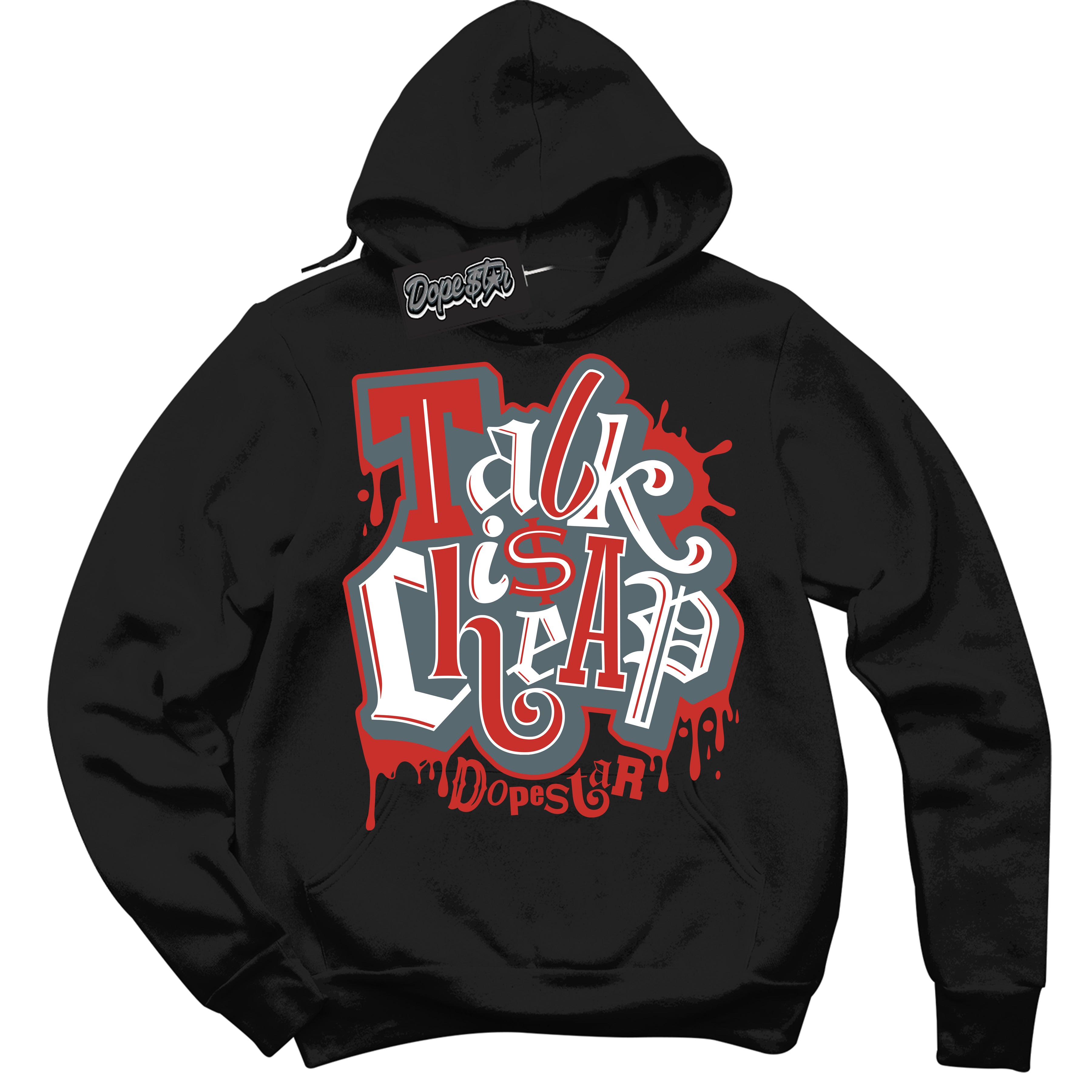 Cool Black Hoodie with “ Talk Is Cheap ”  design that Perfectly Matches Red Fire 9s Sneakers.