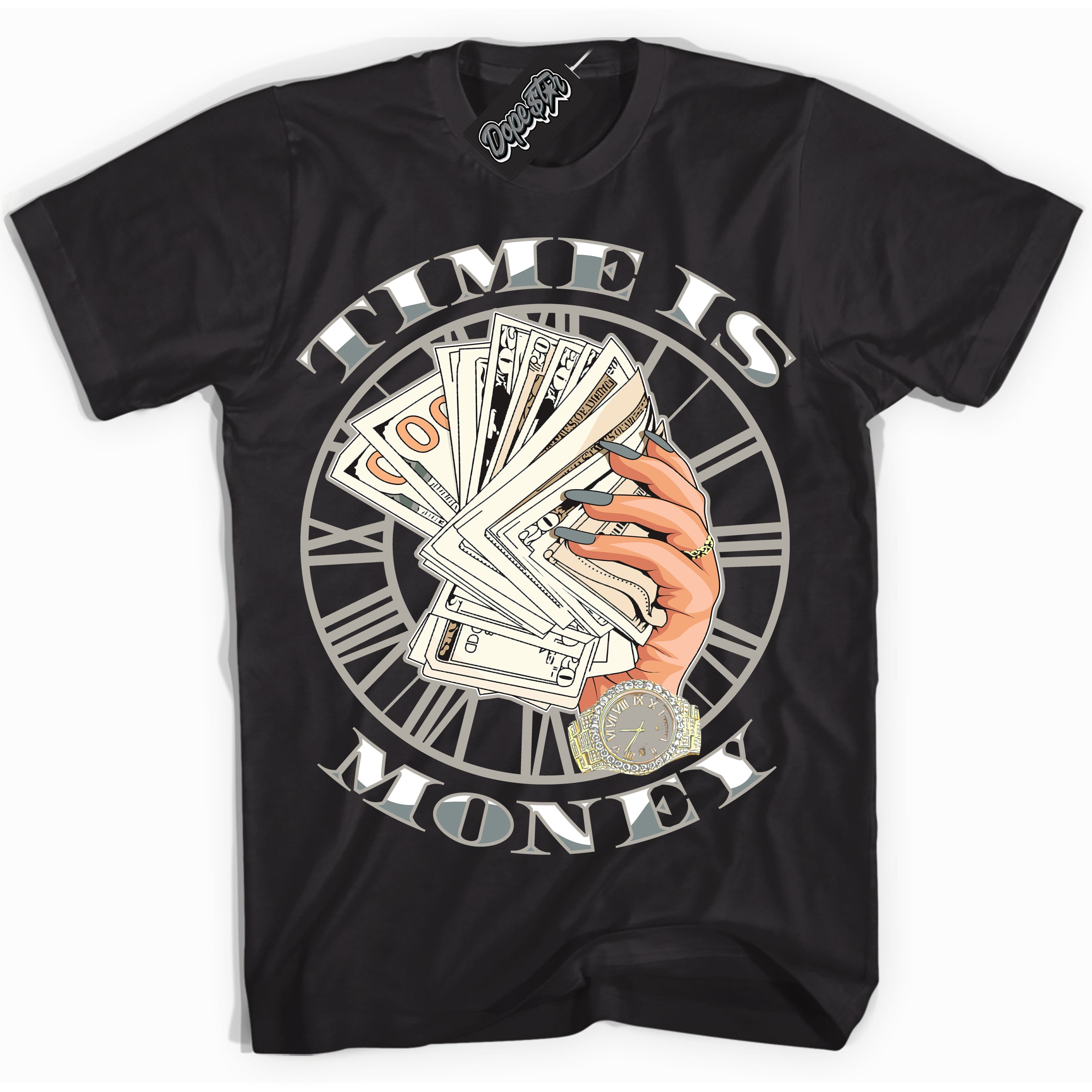 AJ9 Retro Cool Grey ‘Time Is Money’ – Black Streetwear T-Shirt | Sneaker Matching shirt for AJ9 Retro Cool Grey | Men's and Women's Streetwear Graphic Tee by Sneaker Shirts Outlet.
