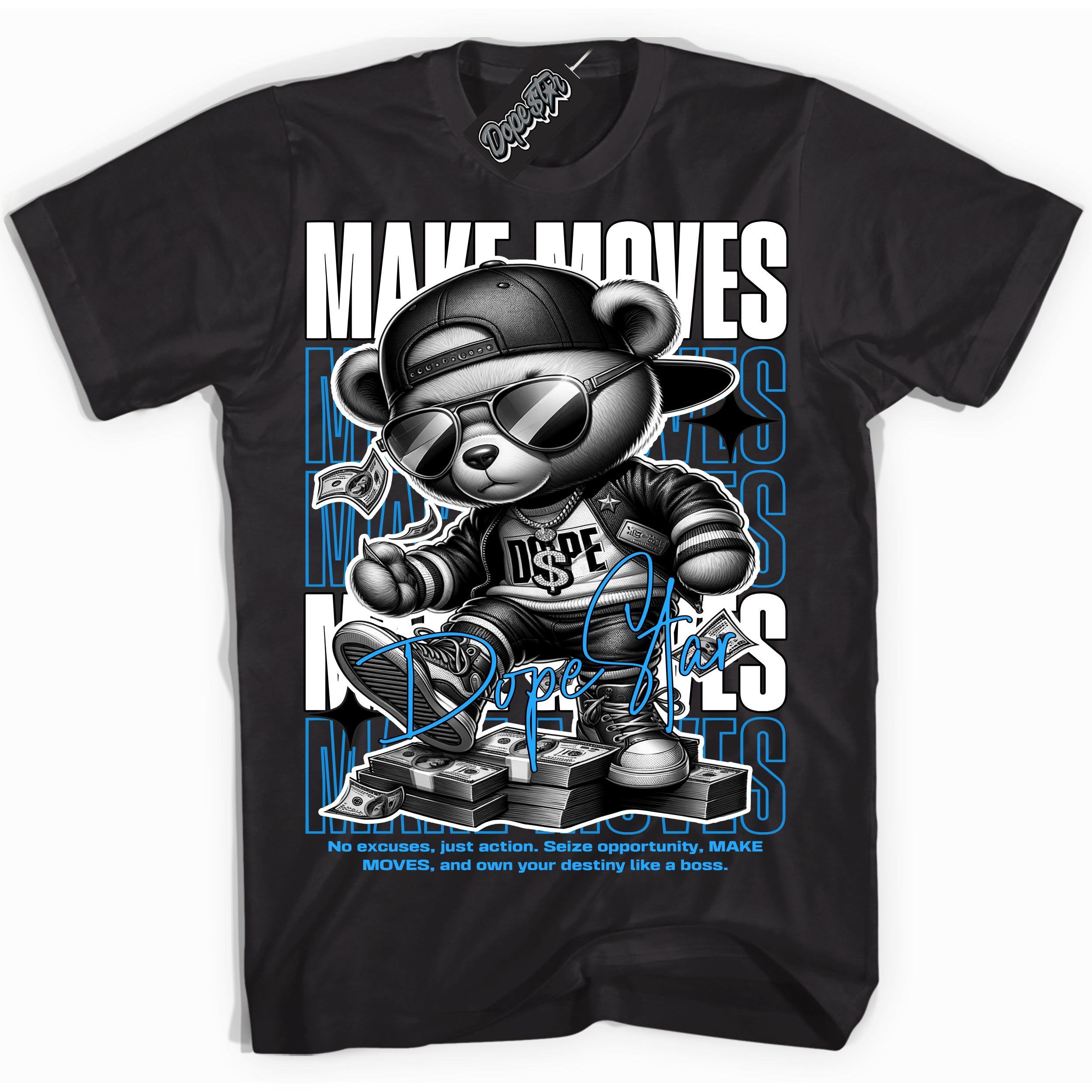 Cool Black Shirt with “ Makin Moves” design that perfectly matches Powder Blue 9s Sneakers.