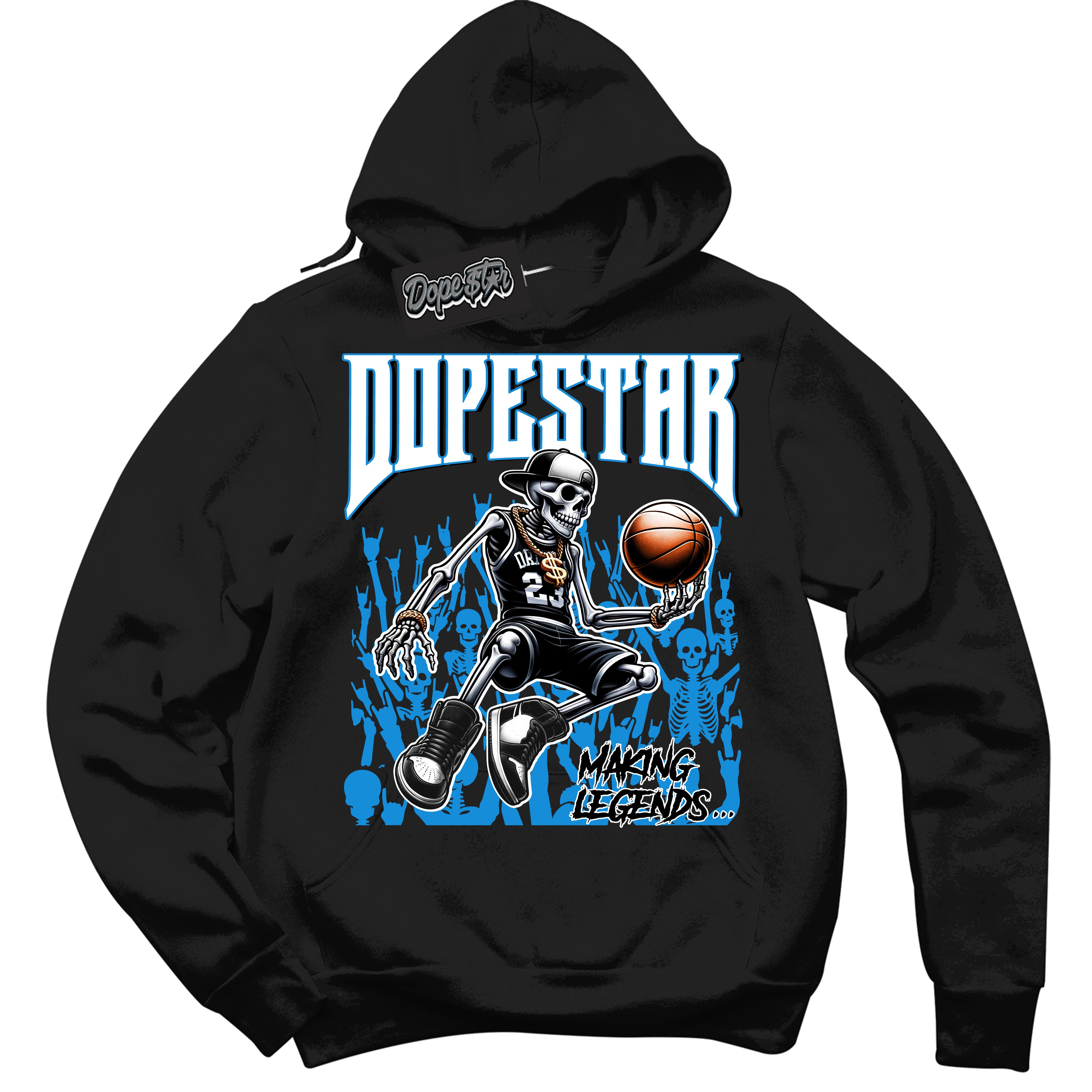 Cool Black Hoodie with “ Making Legends ”  design that Perfectly Matches Powder Blue 9s Sneakers.