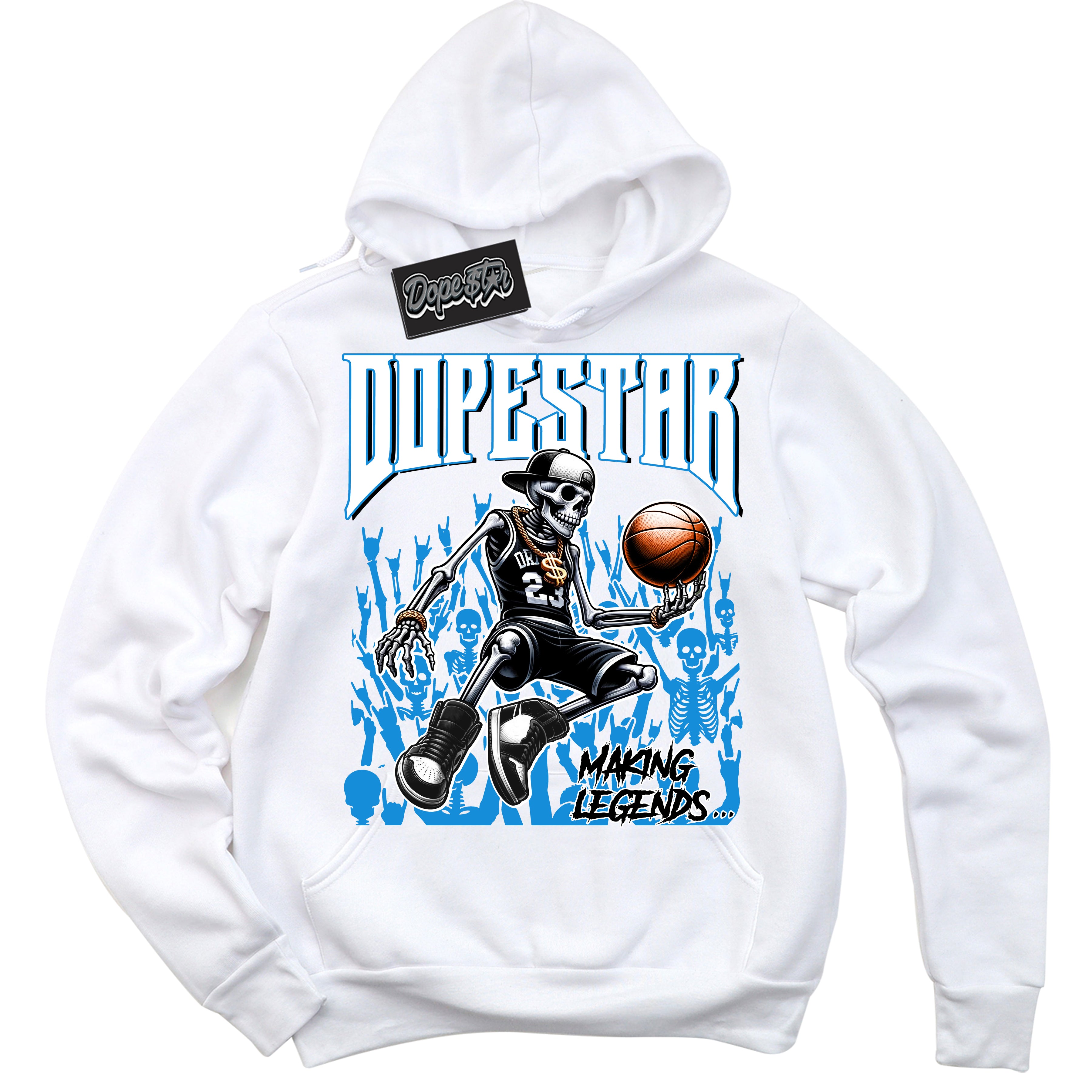 Cool White Hoodie with “ Making Legends ”  design that Perfectly Matches Powder Blue 9s Sneakers.