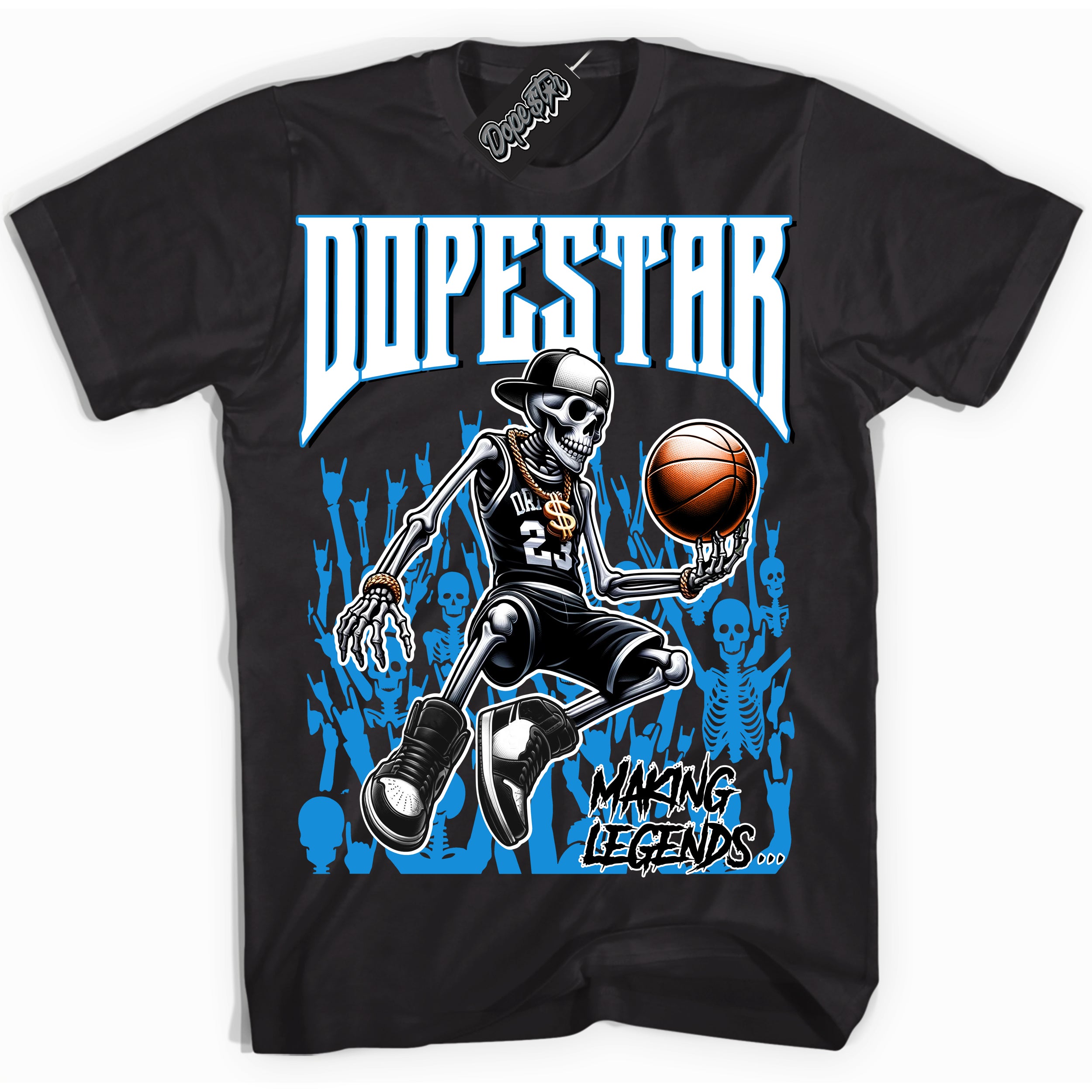 Cool Black Shirt with “ Making Legends ” design that perfectly matches Powder Blue 9s Sneakers.